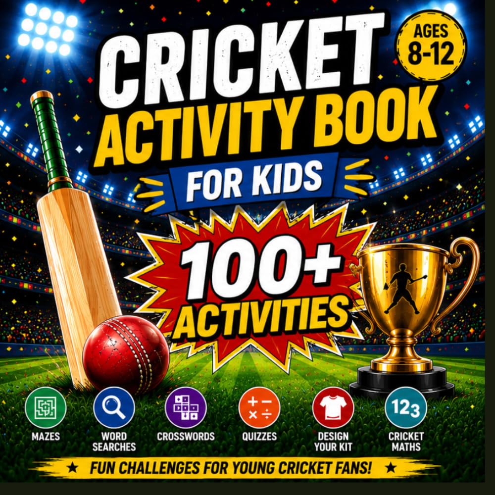 Cricket Activity Book for Kids Ages 8-12: Word Searches, Mazes, Crosswords, Quizzes and Colouring Pages for Cricket Fans