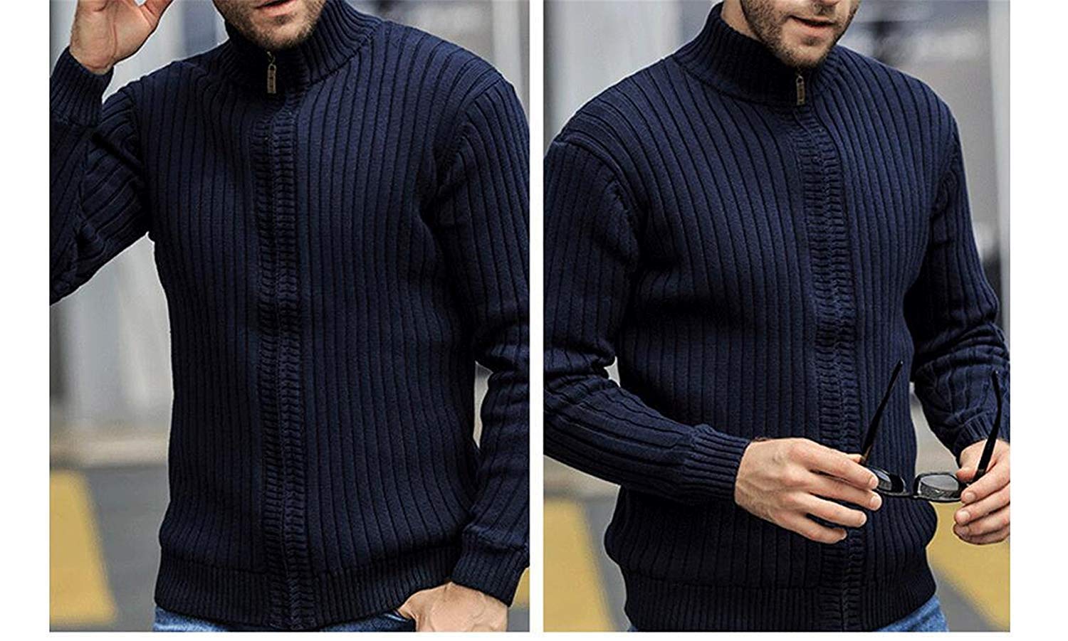 Męski sweter z dzianiny Nner Cardigan Plus ciepły kołnierz stójka kaszmir moda męska sweter z dzianiny z dzianiny na jesień i zimę kurtka męska, niebieski, 3XL