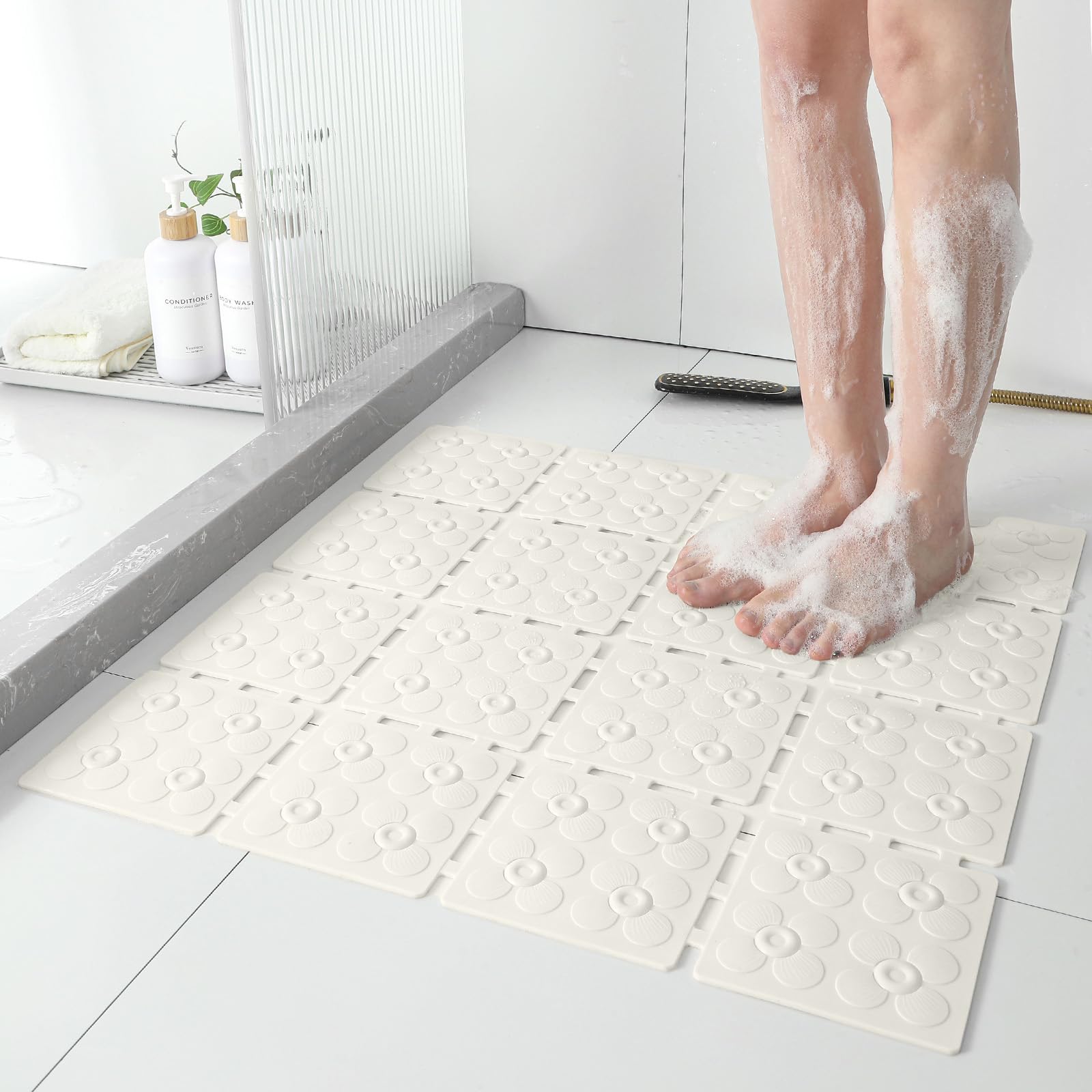 XIYUNTE Shower Mat Non Slip Anti Mould - 60 * 60cm Rubber Bath Mats Non Slip Shower Mats for Inside Shower, white Anti Slip Bath Mat with Powerful Suction Cups, Easy to Clean, Cut to Size