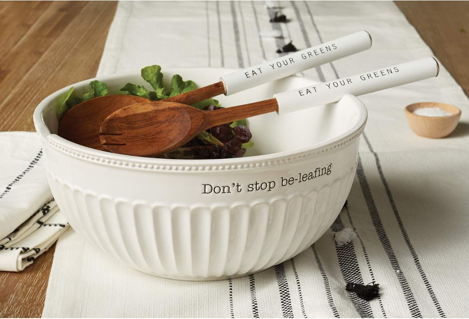 Mud Pie Dolomite, wood Don't Stop Be-Leafing Salad Bowl Set, 32 oz, White, brown