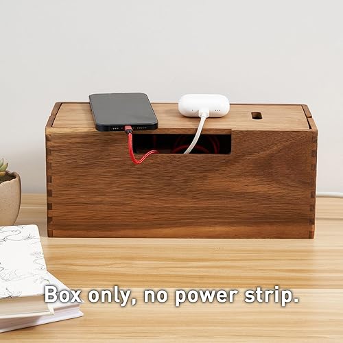 Miniatura 5 de Caja de organización de cables de madera de acacia, organizador de cables de madera para regleta de alimentación, ocultación eléctrica, cables de