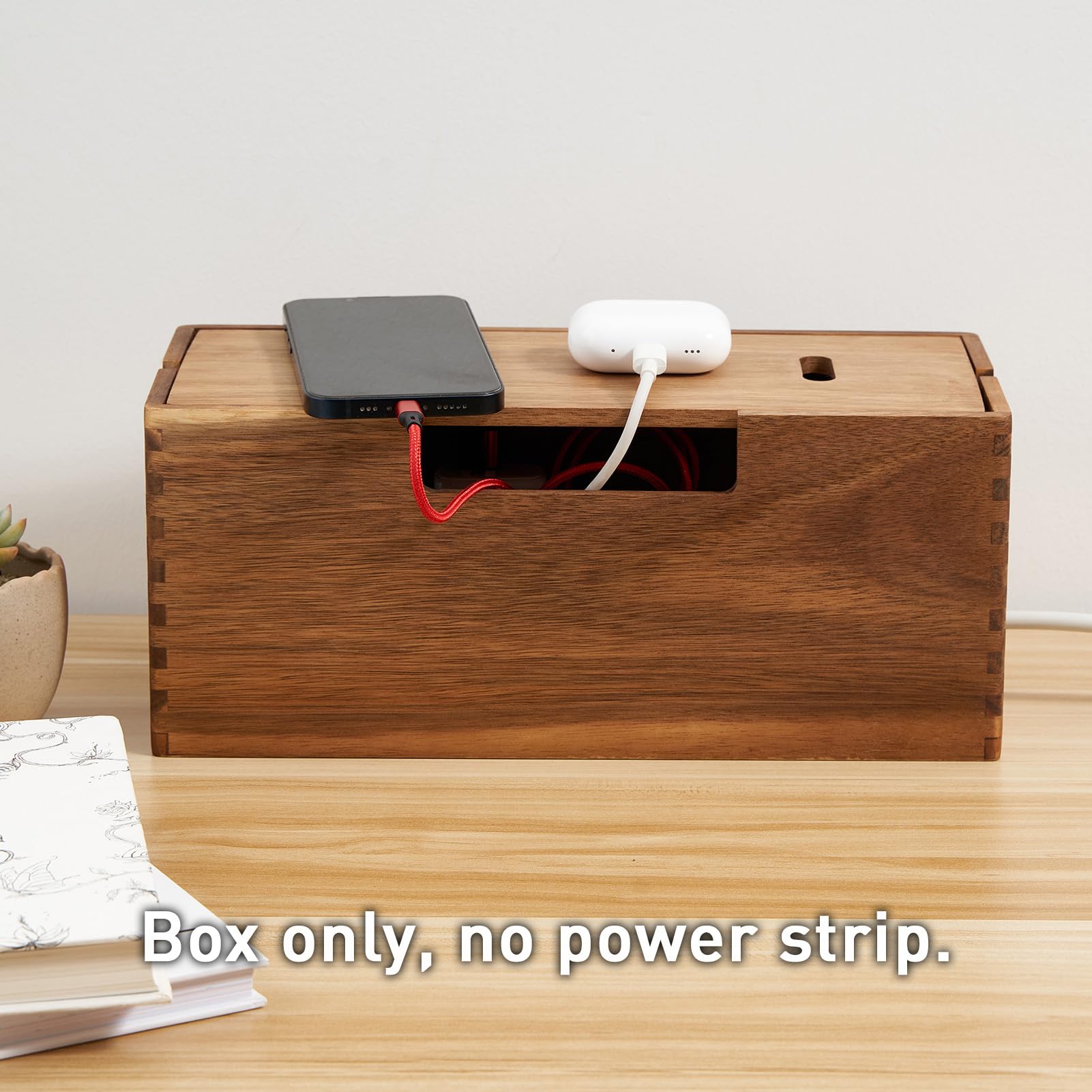 Akazienholz Kabelmanagement-Box, Kabelorganizer mit Deckel für Steckdosenleiste - Kabelversteck für TV, Schreibtisch & Boden, Büro, Wohnzimmer, Home-Office (Untertisch-Kabelbox zur Kabelaufbewahrung)