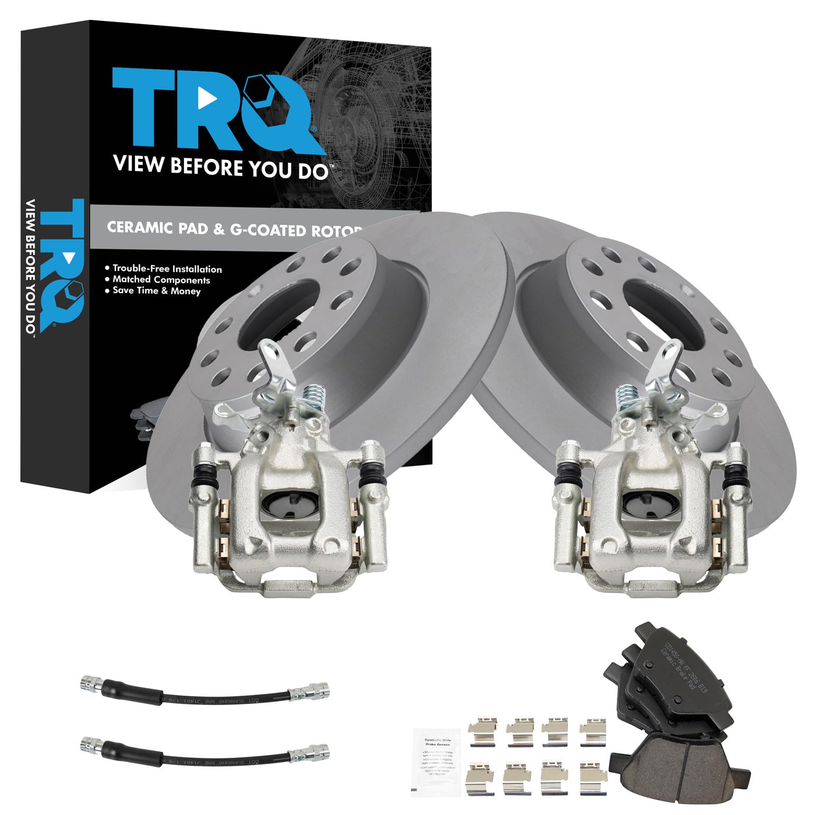 TRQ Rear Brake Pad and Rotor Set Ceramic Coated Calipers Compatible with 2010 Volkswagen Jetta