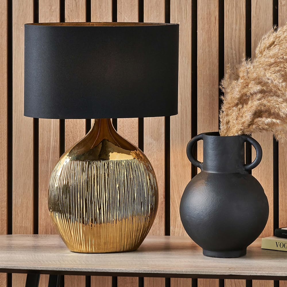 Ruma Gold Art Deco Silver Ribbed Ceramic Table Lamp For Living Room Oval Shade In