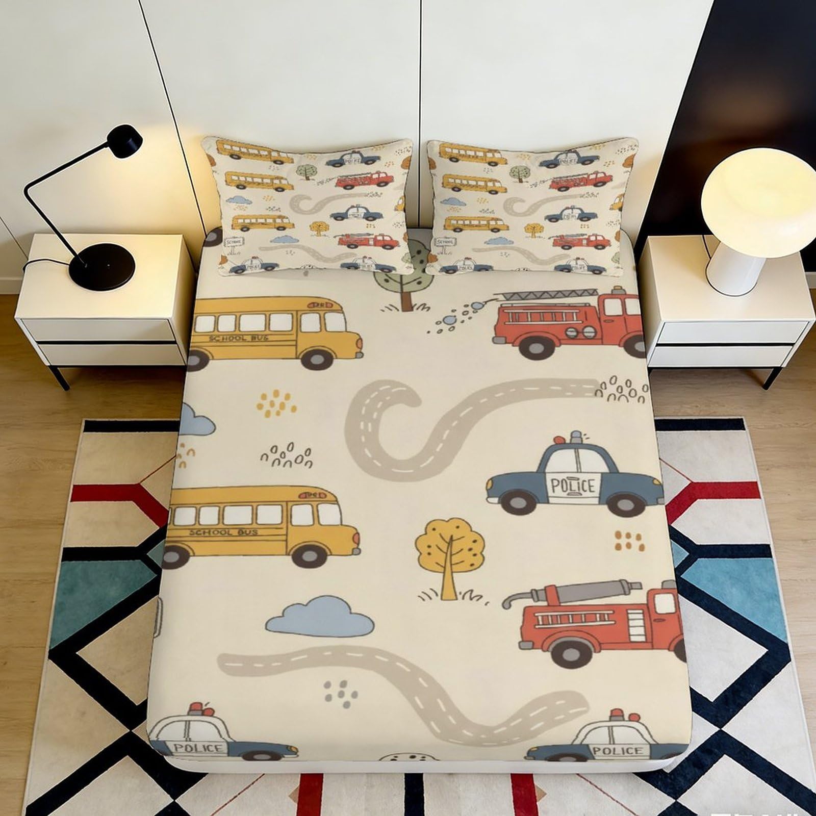 3D Printed Cartoon School Bus Fitted Sheet Microfiber Soft Anti-Slip Fire Truck Mattress Cover Bedroom Decor 90x200x25cm