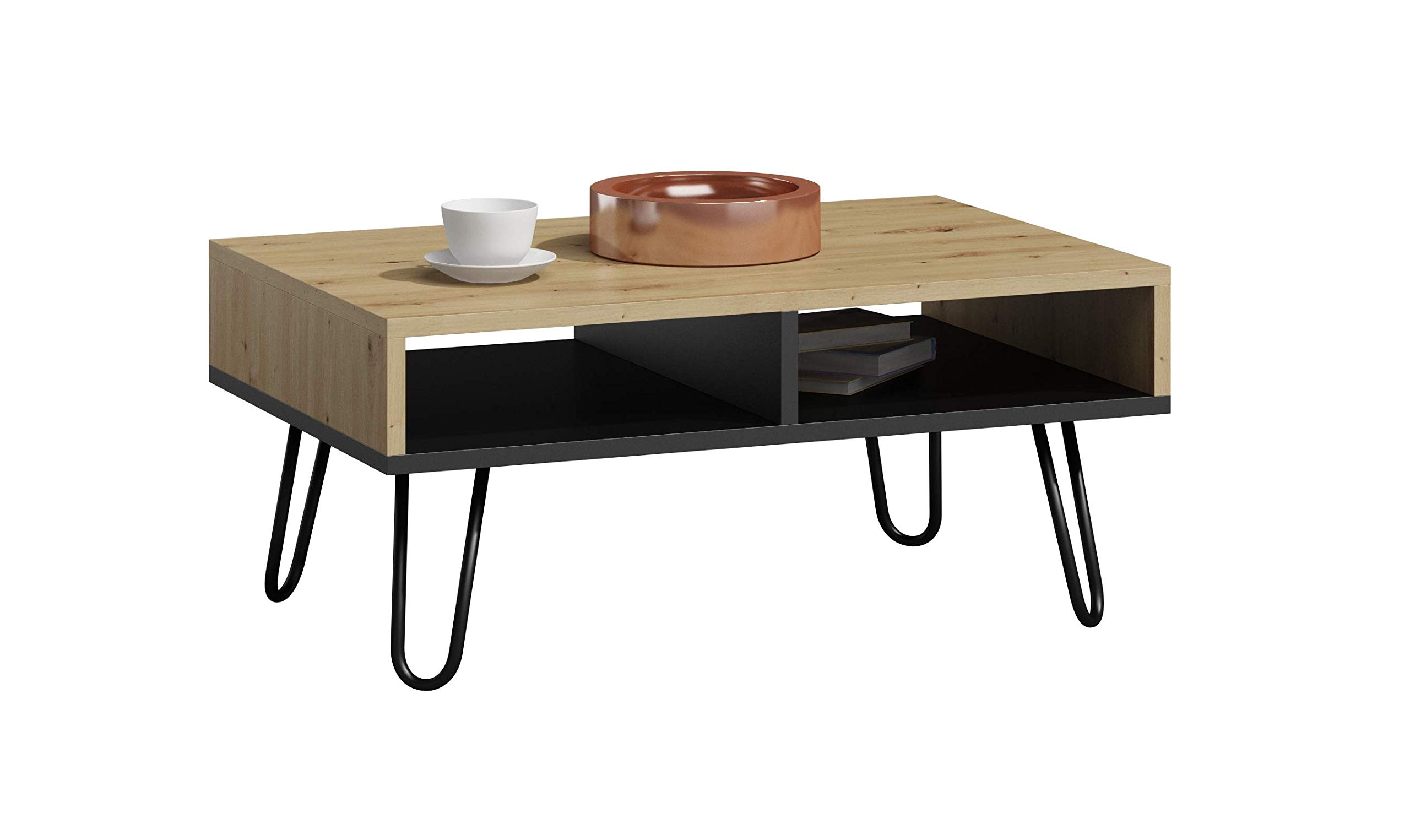 MATKAM Dora Couchtisch, H/B/T 55 x 100 x 50 cm, in Retro Optik, mit Metallbeinen, Zwei offene Ablagefächer, in verschiedenen Ausführungen erhältlich (Artisan Eiche)