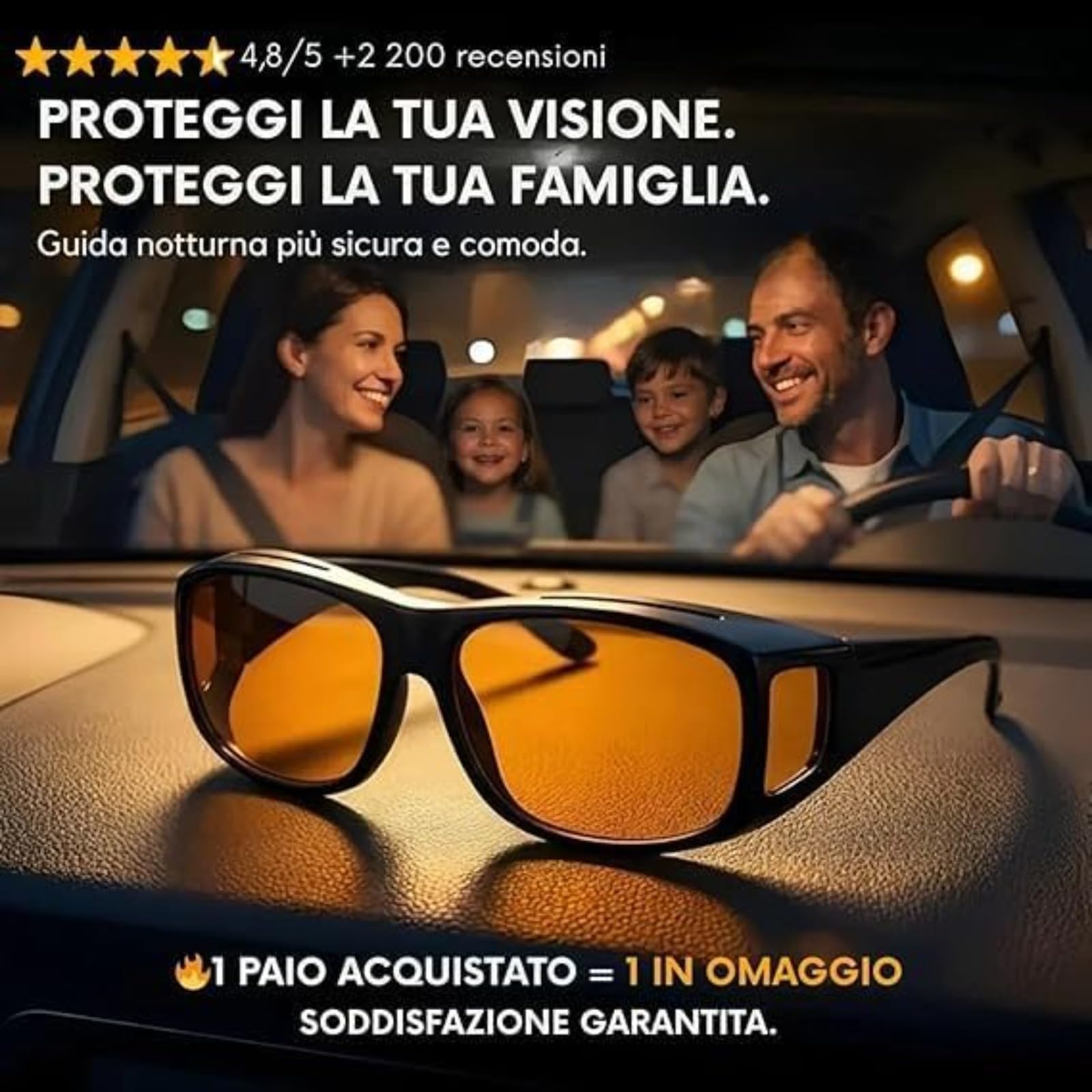 Ownmaxx Orleea Occhiali Visione Notturna,Occhiali Guida Notturna Polarizzati, Anti Abbagliamento,Da Indossare Sopra Occhiali Da Vista,Per Notte Pioggia Neve (Giallo)