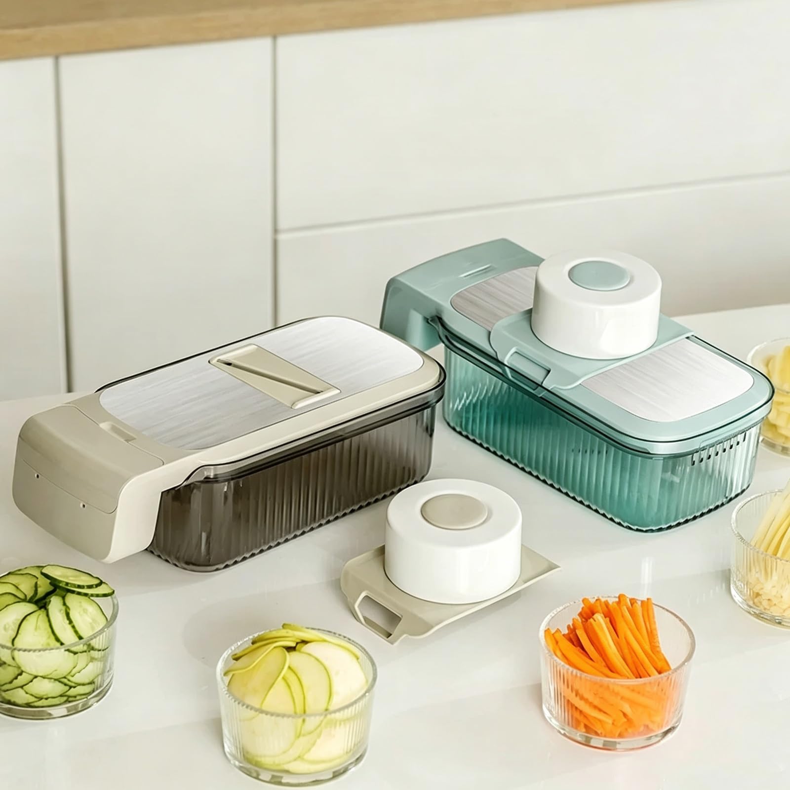 Cortador de Verdura Manual, Mandolina de Cocina Multifuncional, con Recipiente Y Protector Manos, 5 Cuchillas Reemplazables, para Cebolla, Patata, Zanahoria, Utensilio Cocina