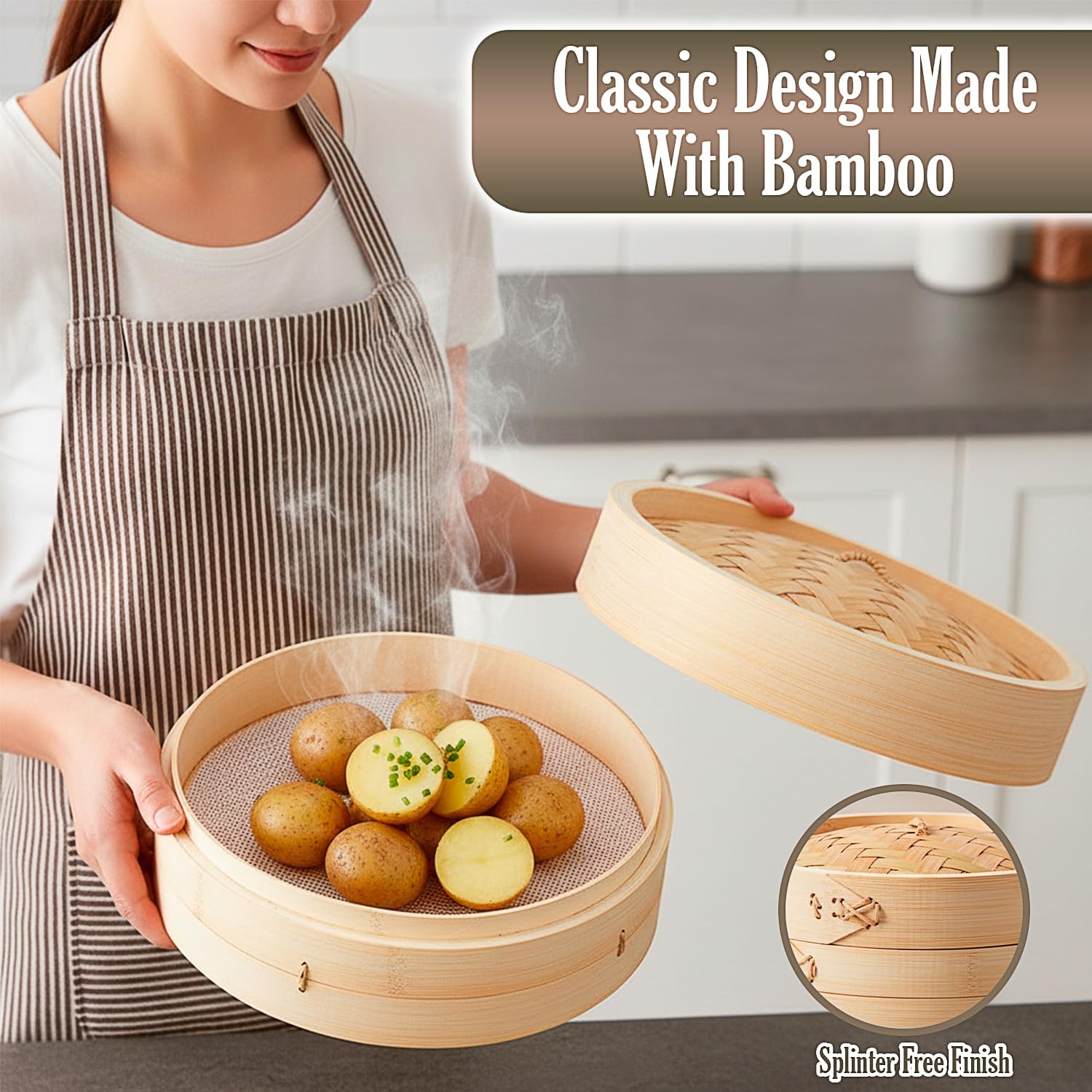 2-Tier Bamboo Steamer Basket with Chopsticks,10" Dumpling Steamer Basket with Sauce Dish & Reusable Silicone Liners, Premium Steamers for Cooking Dim Sum, Bao Buns, Dumplings, Rice & Asian Vegetables