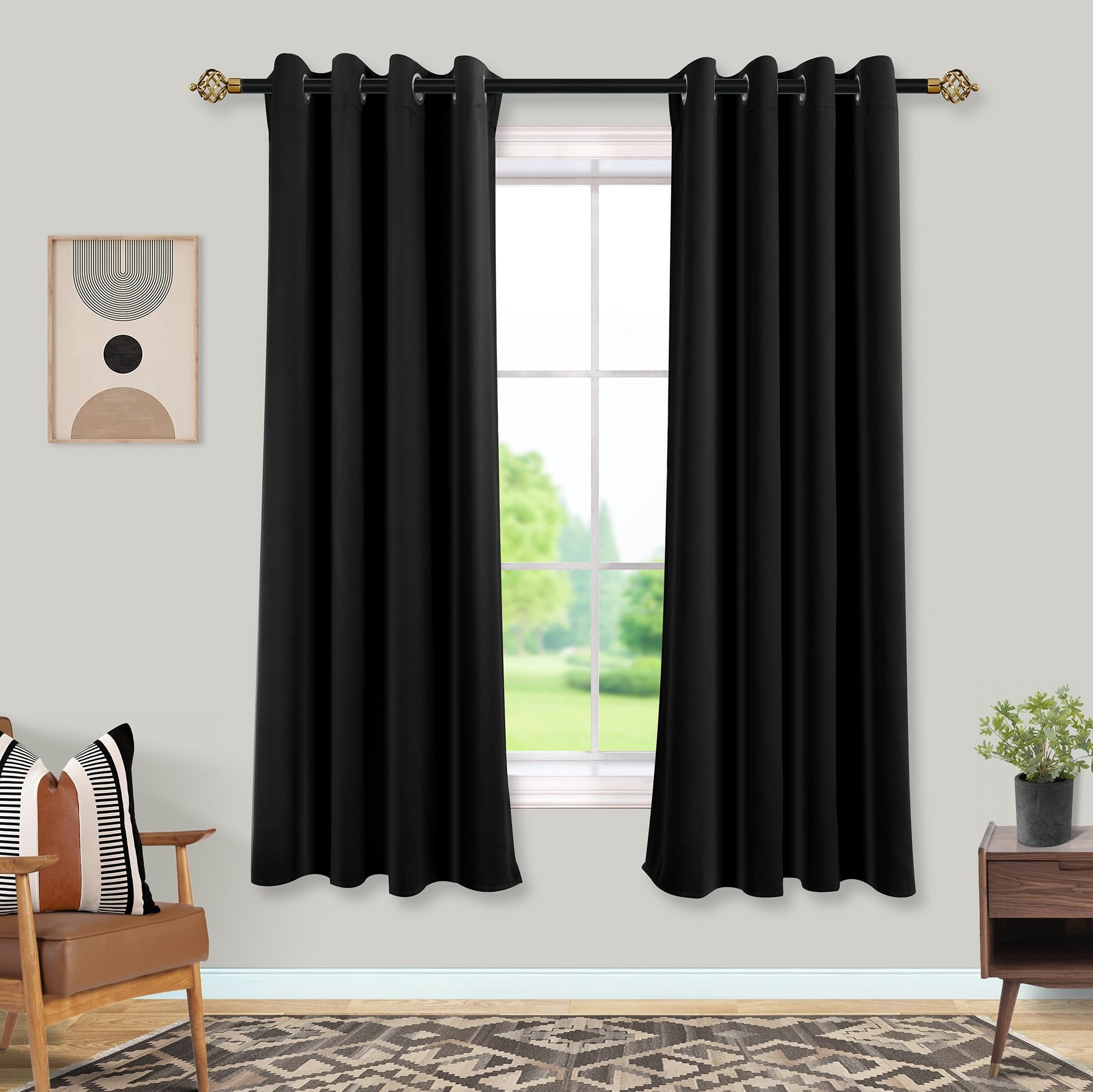 Mrs.Naturall 52" Wide Blackout Curtains for Bedroom, Thermal Insulated Curtains for Summer Heat Blocking, 63 Inch Length 2 Panel Set, Black — image 1