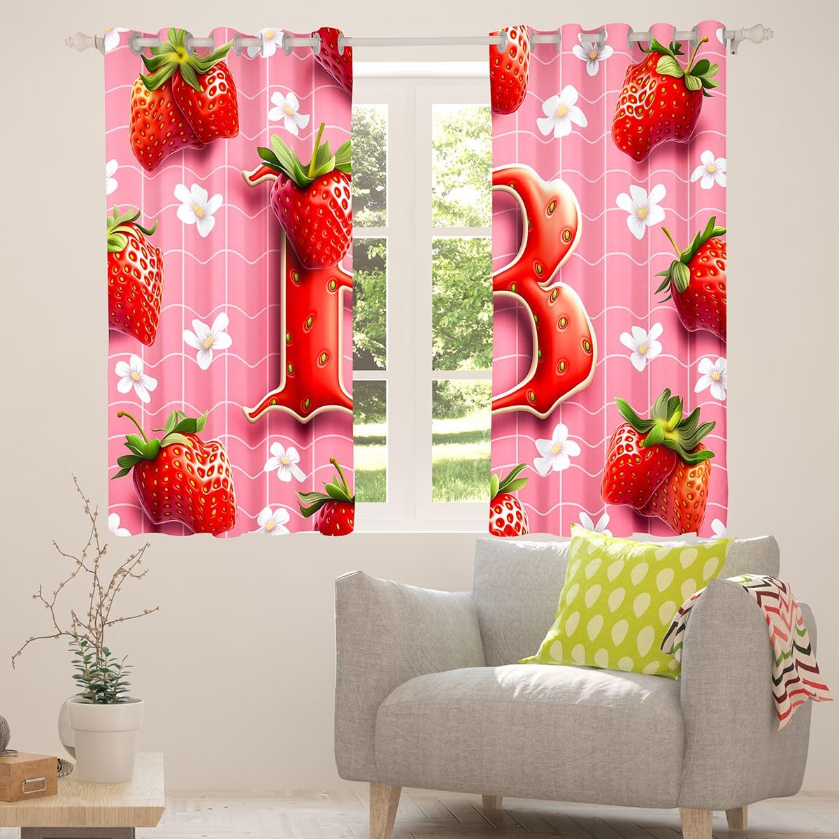 Homemissing Trattamenti per finestre con fragole 3D, 2 pannelli L 132 x L 90 tende oscuranti fragole rosse personalizzate lettera B decorazione della stanza tende floreali carine per camera da letto
