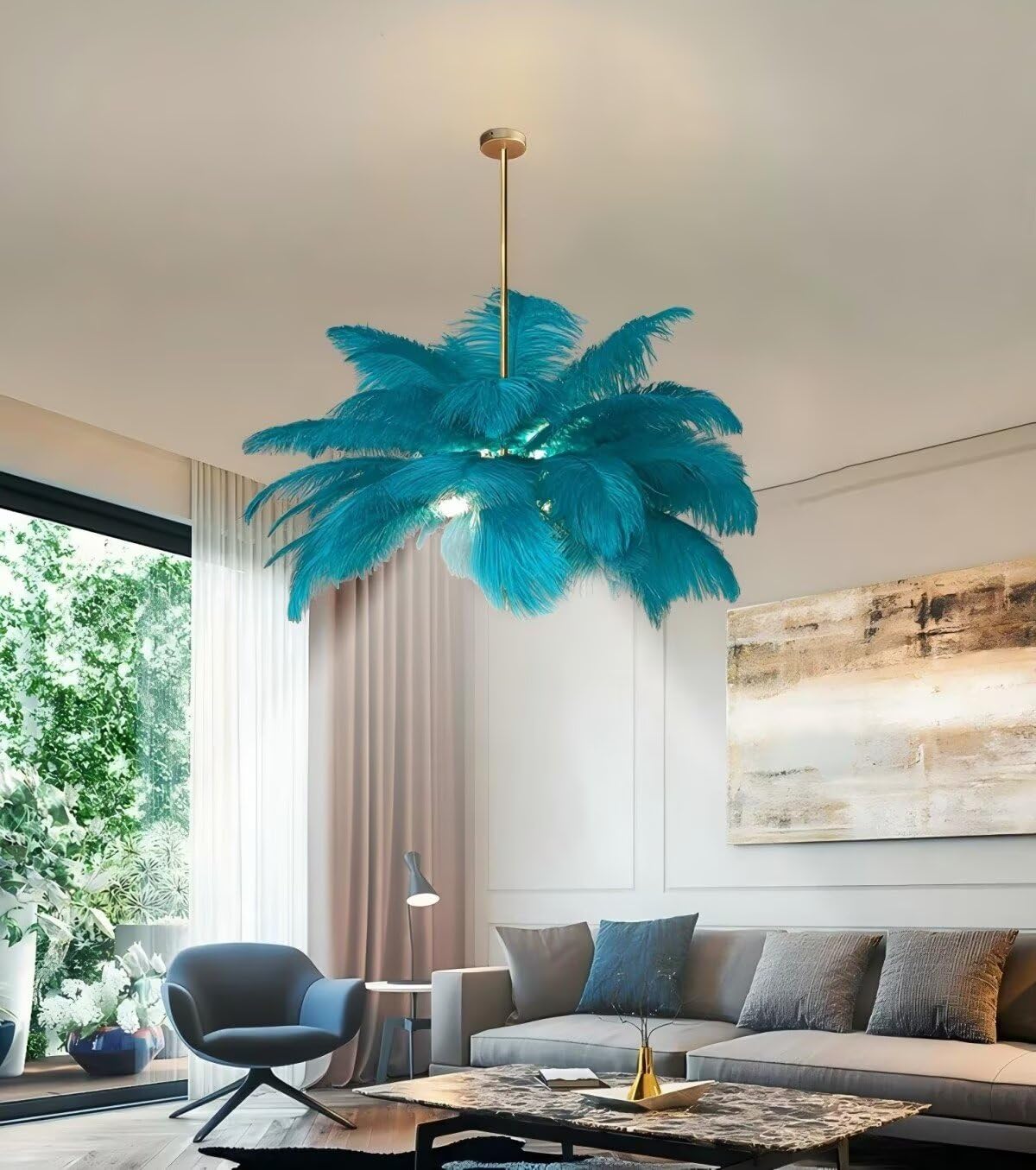 Niebieska lampa wisząca, kreatywna lampa wisząca, 100 cm, reflektor LED 4500 K, elegancka dekoracja do salonu, sypialni, jadalni i pokoju dziecięcego.