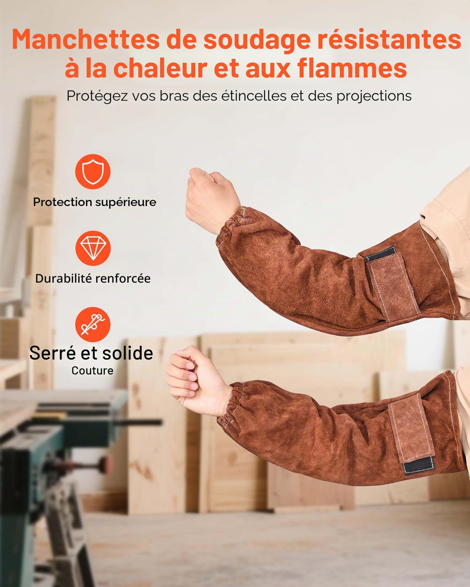 VEVOR Manchons de Soudage en Cuir de Vachette, Manchons à Souder Protection Soudure des Bras, Résistants aux Flammes, à la Chaleur, pour Hommes et Femmes, de Soudage, Forge, Travail du Bois, Jardinage
