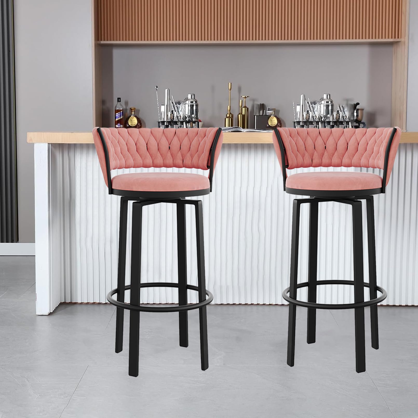 Sgabelli da Bar girevoli in Altezza con Contro, sedie da Bar in Velluto, Schienale Intrecciato, Sedile Confortevole, Ideale per Cucina, Sala da Pranzo e Decorazioni per la casa