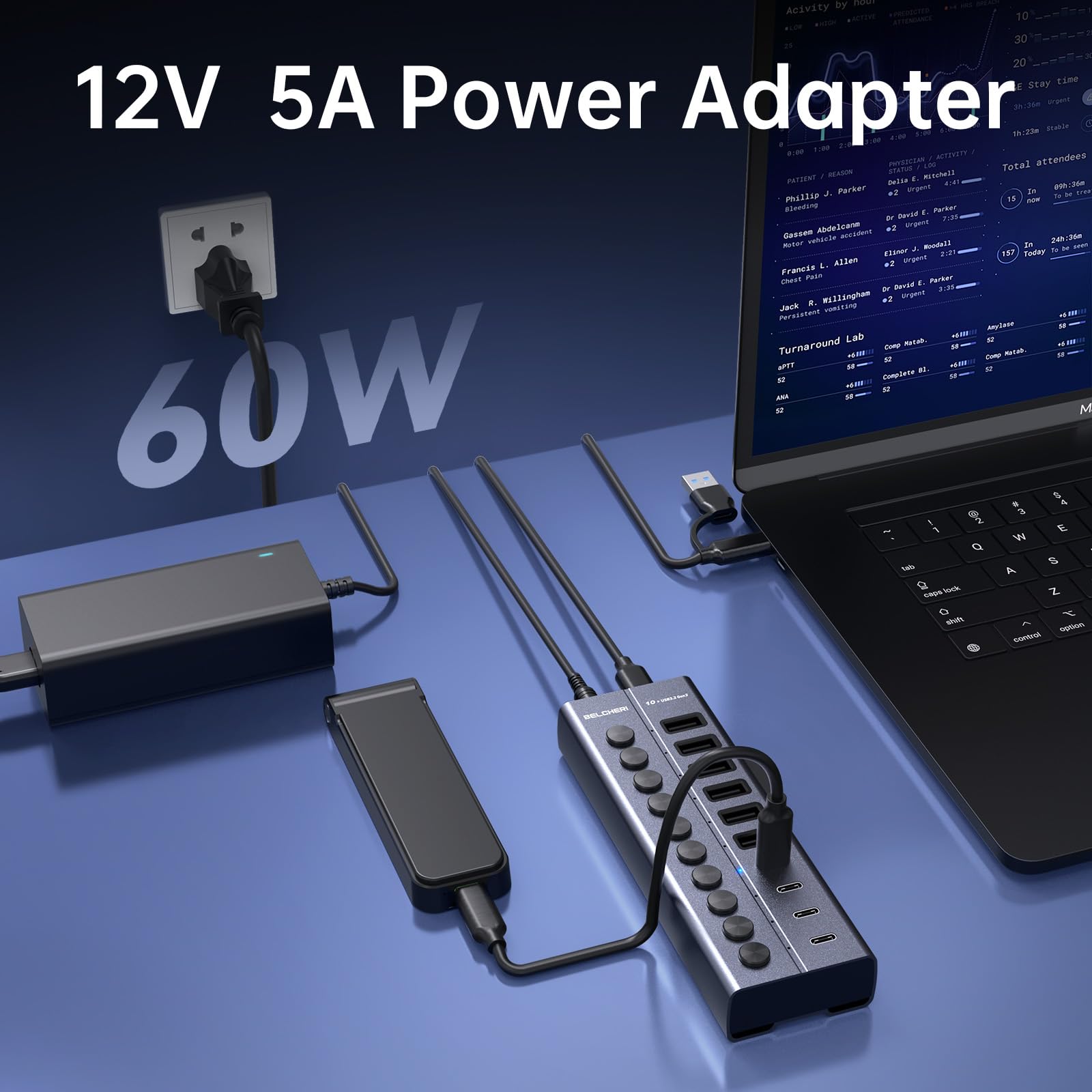 USB Hub mit Netzteil, 10-Port USB 3.2 Gen 2 10Gbit/s Aktiv Hub, Vollaluminium mit 60W (12V 5A) Powered, 6 USB-A & 4 USB-C Ports, Unterstützt BC1.2 Schnellladung