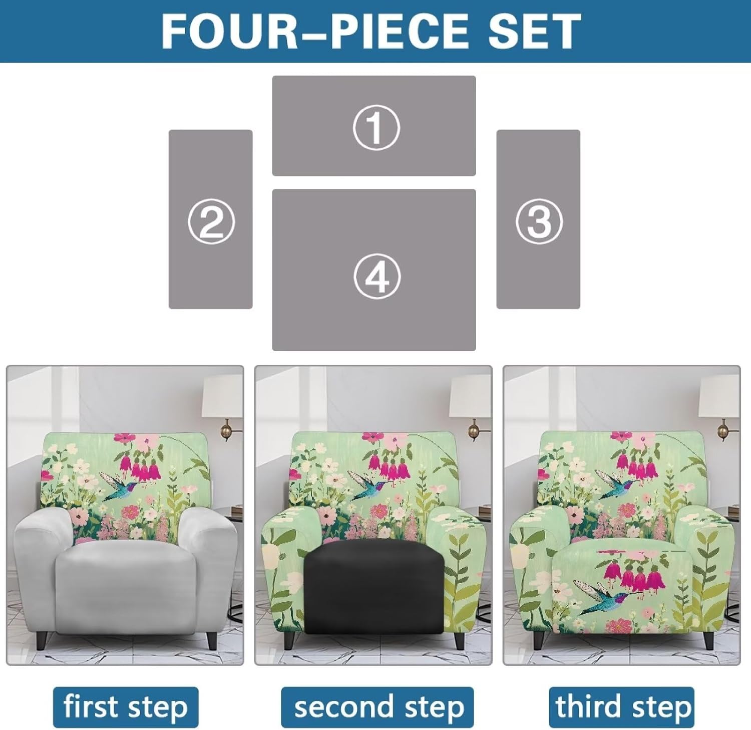 4 Pcs Hummingbird Recliner Slipcovers Cover with Storage Pockets Canterbury Bell Flower Bird Stretch Nonslip Recliner Chair Cover Easy to Install
