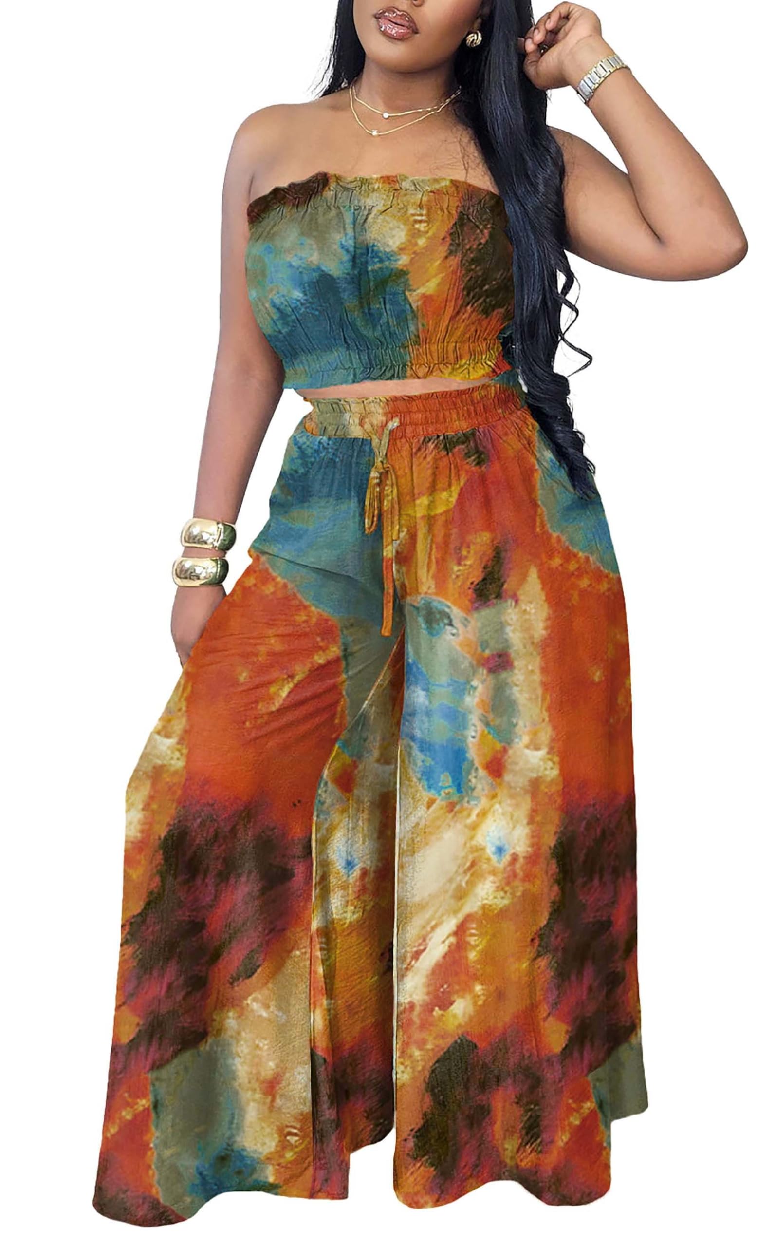 Two Piece Sets for Women Summer Outfits Crop Tops and Wide Leg Pants Sets Sexy Jumpsuits Vacation Outfits with Pockets