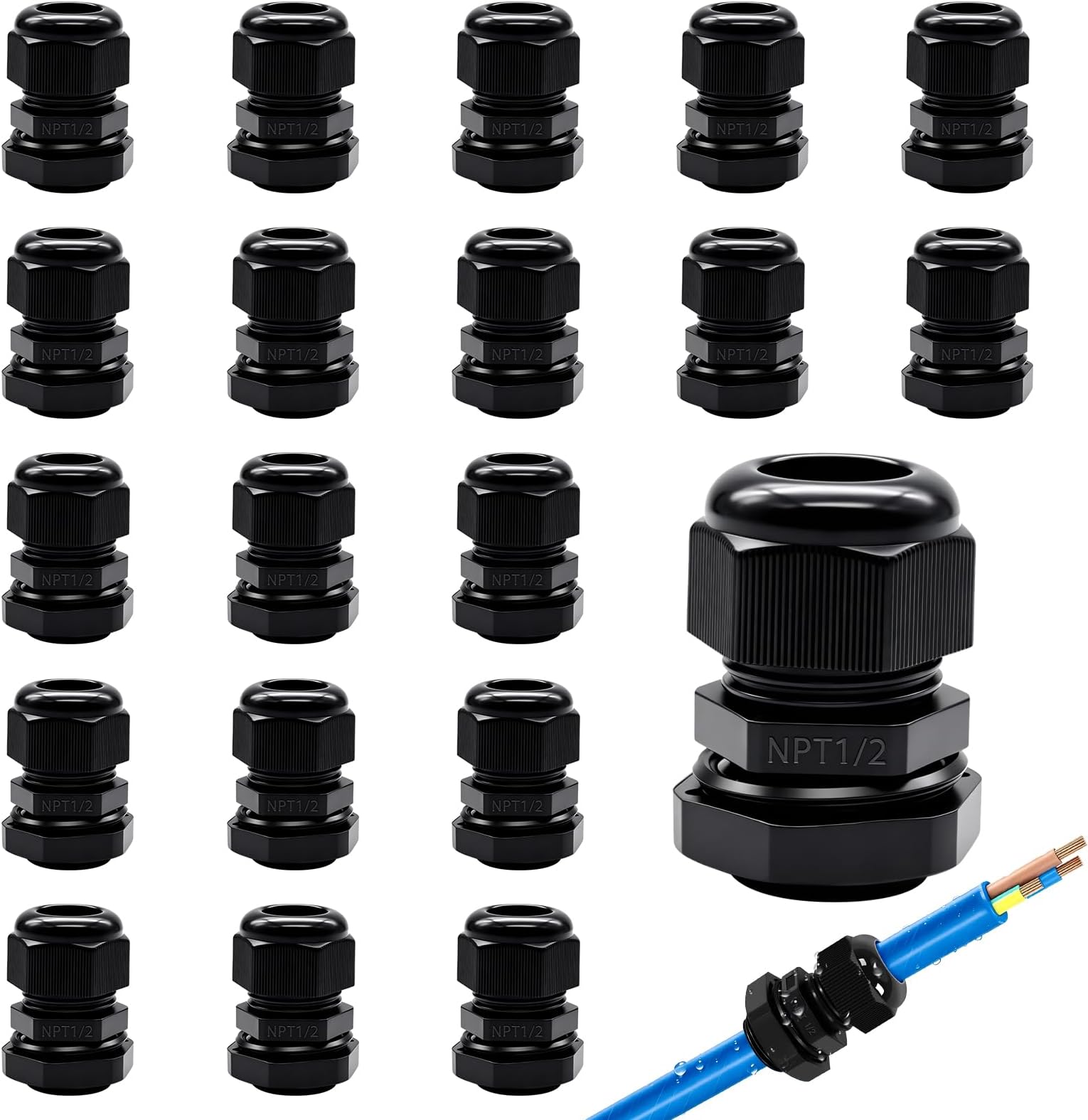 20 PCS Nylon Cable Glands 1/2" NPT,Waterproof Adjustable Diameter 6-12mm Cable Connectors,Plastic Cable Gland Joints with Gaskets 1/2 NPT-BK