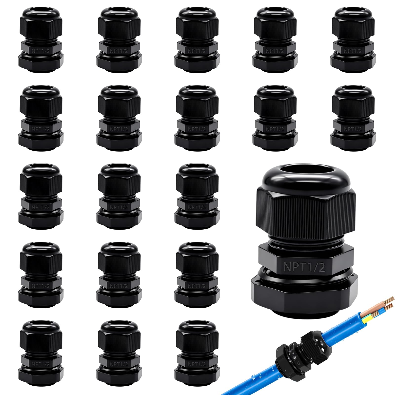 20 pressacavi in nylon da 1/2" NPT, connettori per cavi impermeabili con diametro regolabile 6-12 mm, giunti in plastica con guarnizioni 1/2 NPT-BK
