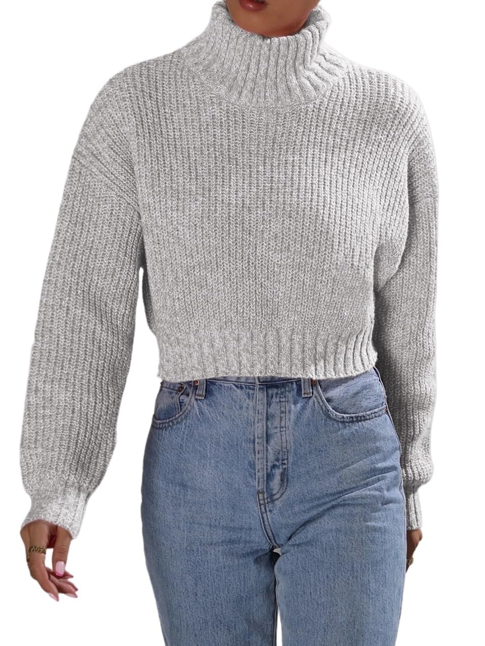Fall Winter Long Sleeve Turtleneck Cropped Sweaters Top for Women Drop Shoulder Sweater Knit Pullover Outfit