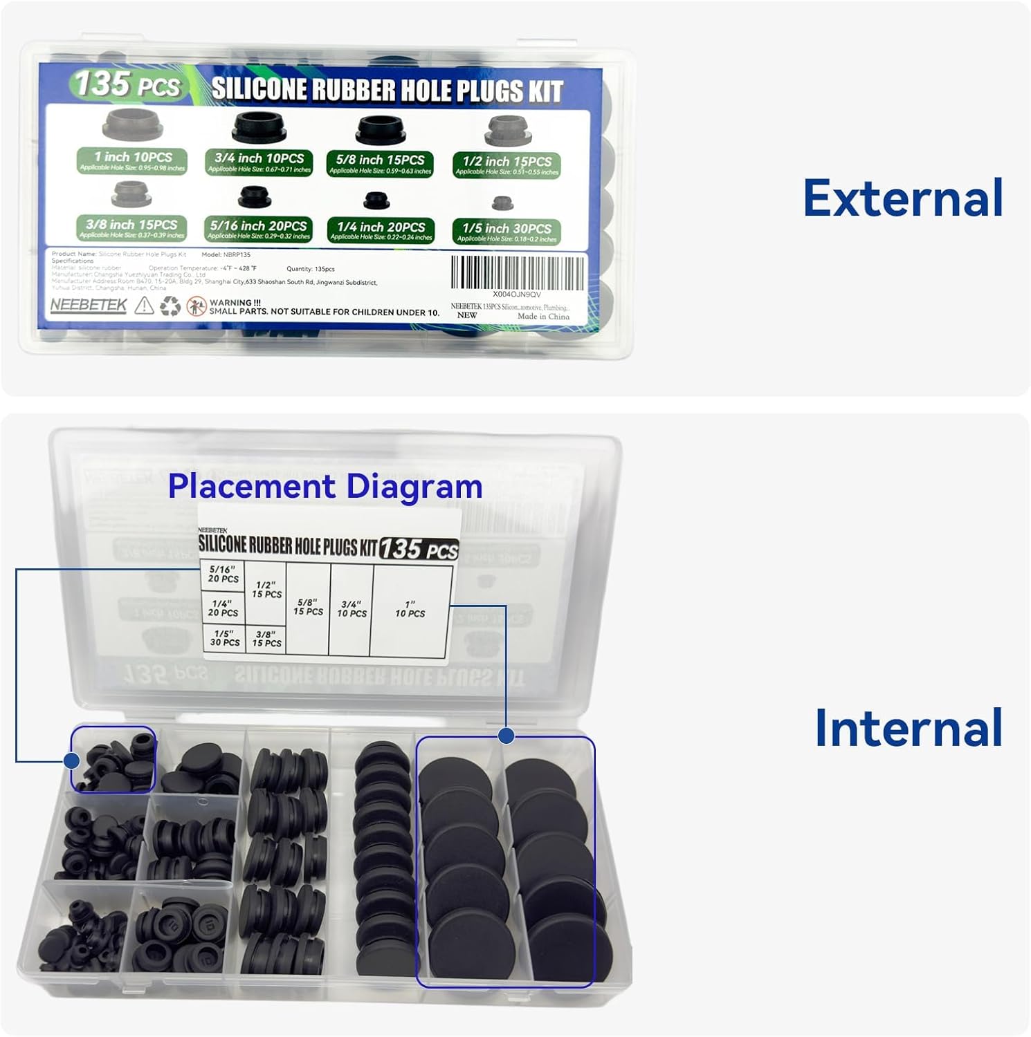 135Pcs Black Silicone Rubber Plugs for Round Holes Grommet Kit, 8 Assorted Sizes (1" 3/4" 5/8" 1/2" 3/8" 5/16" 1/4" 1/5") General Snap Locking Caps for Motorcycle, Furniture, Automotive, Plumbing
