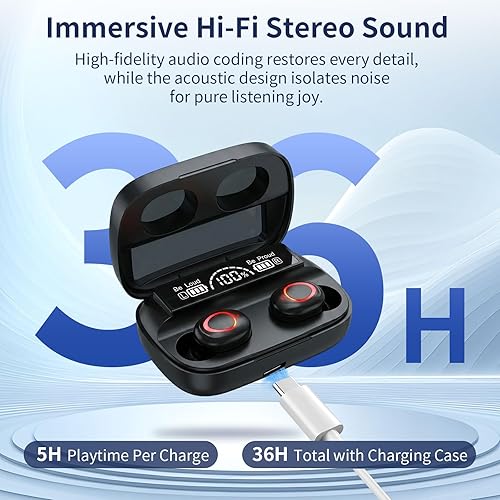 Miniatura 4 de Auriculares inalámbricos, auriculares Bluetooth con micrófono con cancelación de ruido, reproducción de 36 horas, pantalla de alimentación LED,