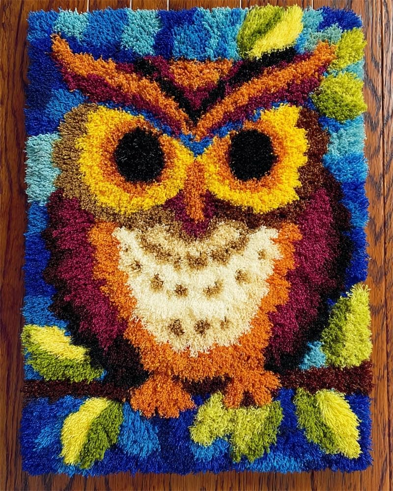 FWRTYCB Latch Hook Rug Kits,Owl Home Carpet Rug Making Canvas Kits, 20X15Inch DIY Crochet Kits Embroidery Kits Needlework Crafts for Home Decor, Latch Hook Kits for Beginners Adults