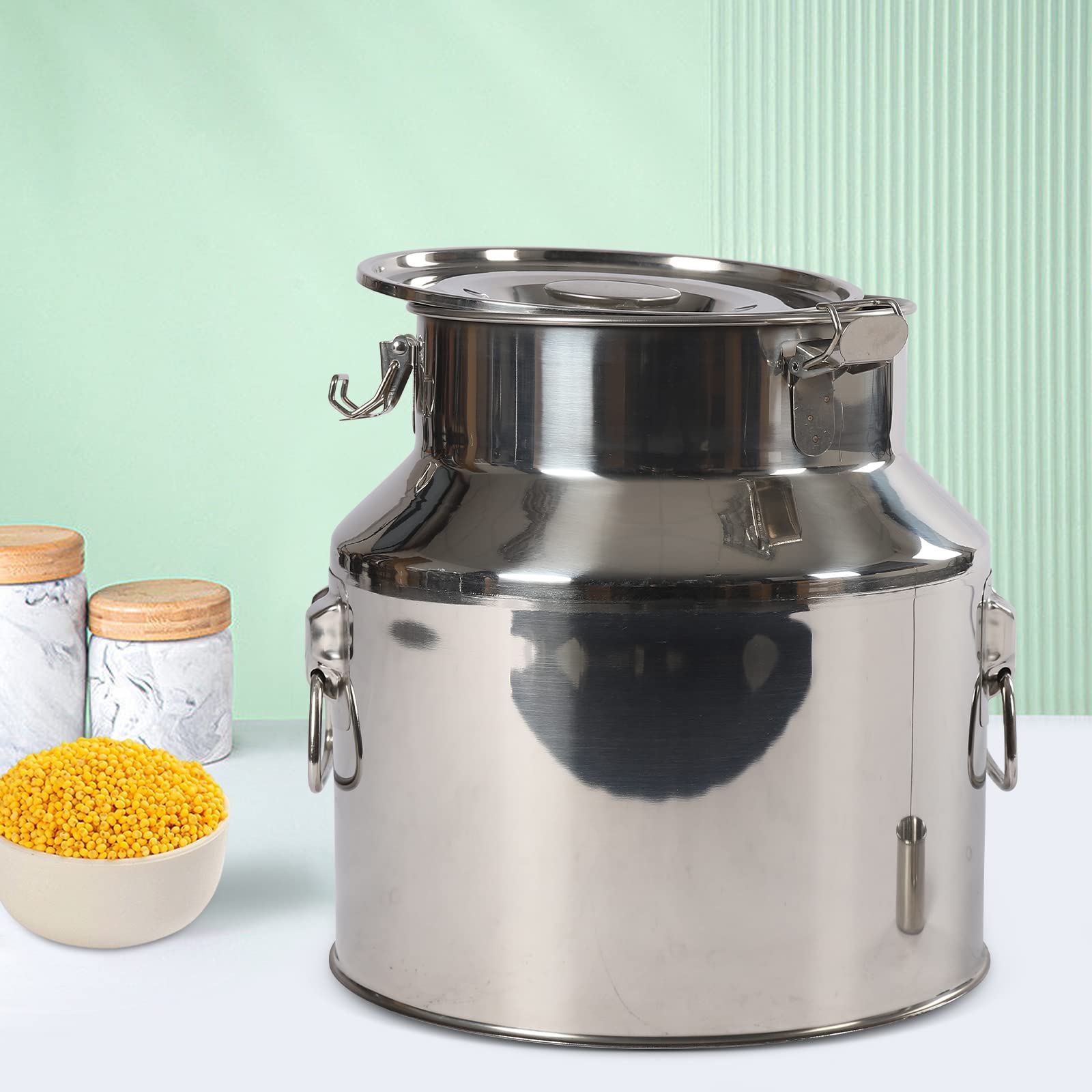 Secchio per alimenti da 22 l, con misurino per vino, coperchio e morsetto di bloccaggio, contenitore ermetico in acciaio inox, per la conservazione di cereali, riso, olio da cucina o latte