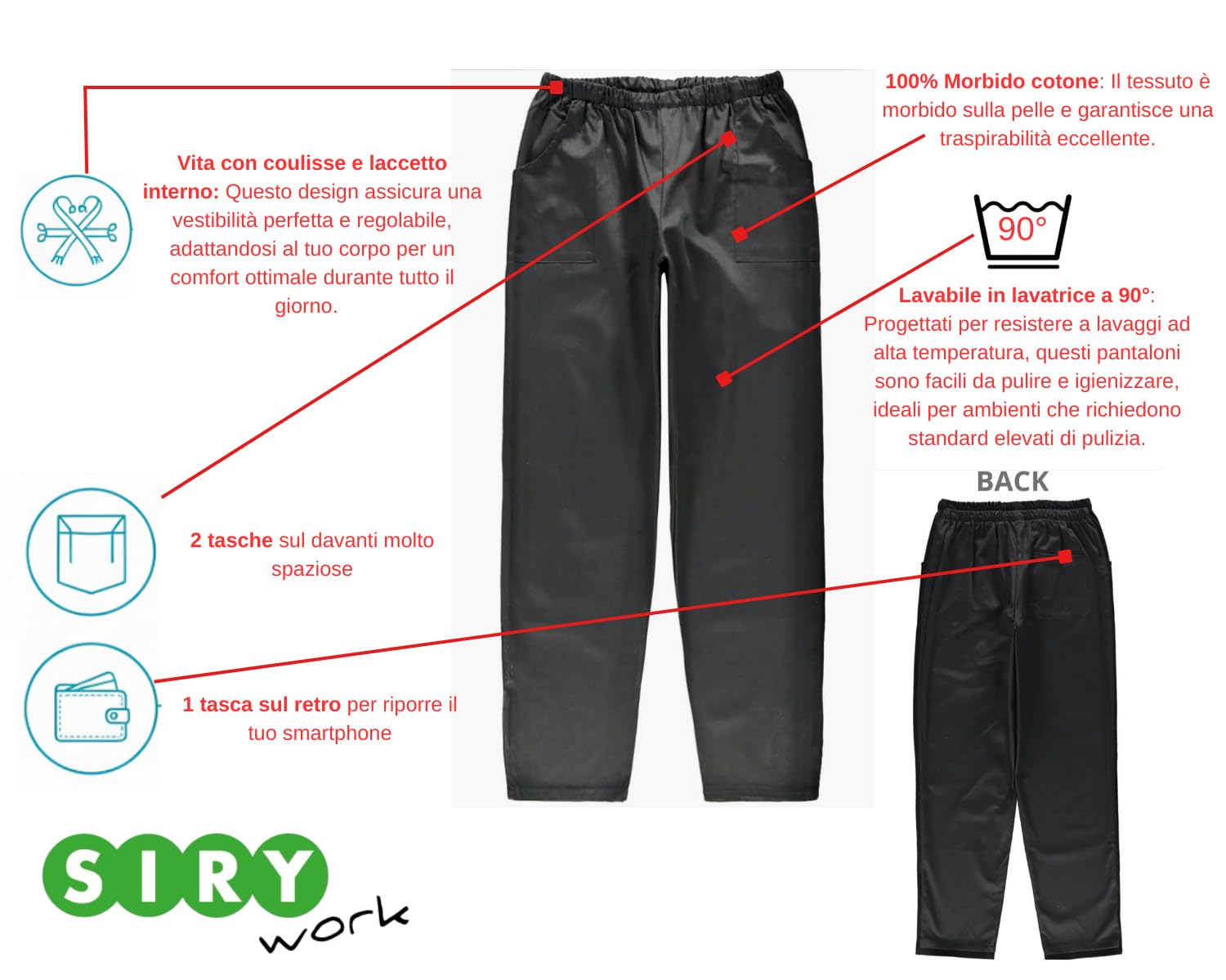 Siry Work Pantalone da Cuoco in Cotone Leggero Resistente con Coulisse, Comodi Laccetti e Tre Tasche, Lavabile in Lavatrice, Prodotto Italiano