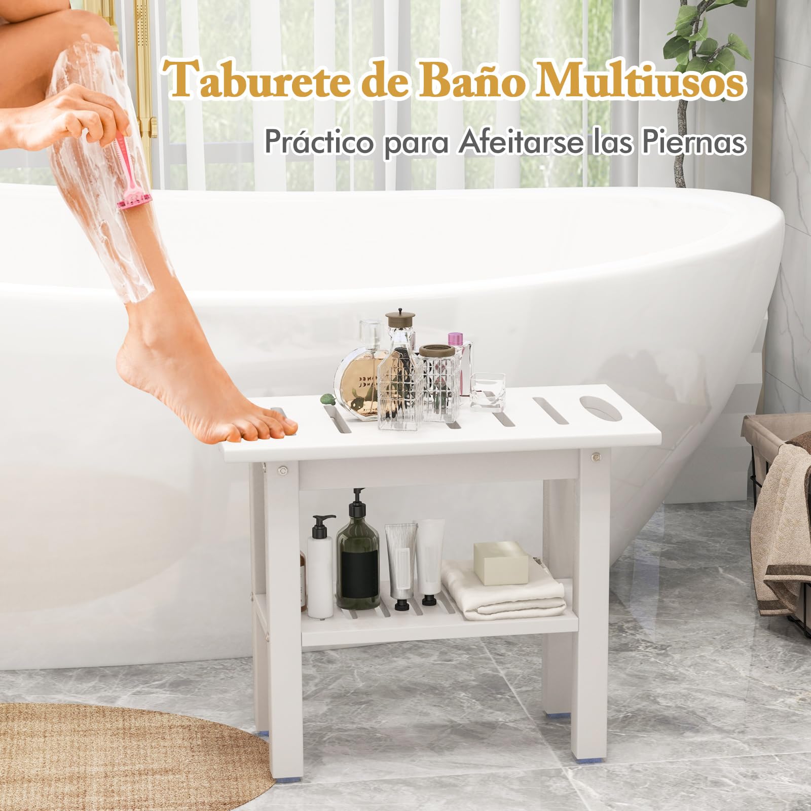 COSTWAY Taburete de Ducha, Banco de Ducha Impermeable de Baño con Estante de Almacenamiento de Madera, Asiento Bañera Adulto para Ducha para Uso en Interiores y Exteriores