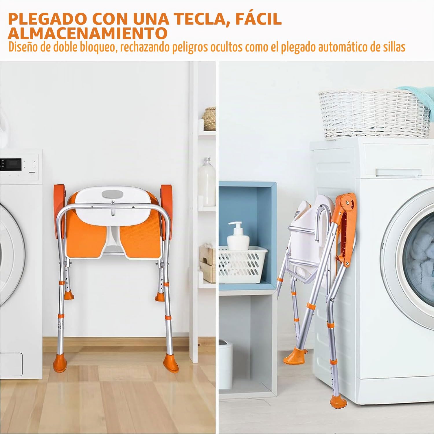 Silla de Ducha para Personas Mayores, Asiento de Ducha con reposabrazos y Respaldo, Silla de Ducha Plegable, soporta hasta 180 kg, Altura Regulable (Color Naranja, 53 * 58 * 83cm)