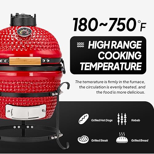 Miniatura 3 de ROVSUN Parrilla de carbón de cerámica esférica roja de 13 pulgadas con forro interior, ahumador portátil para cocinar al aire libre, acampar y asar