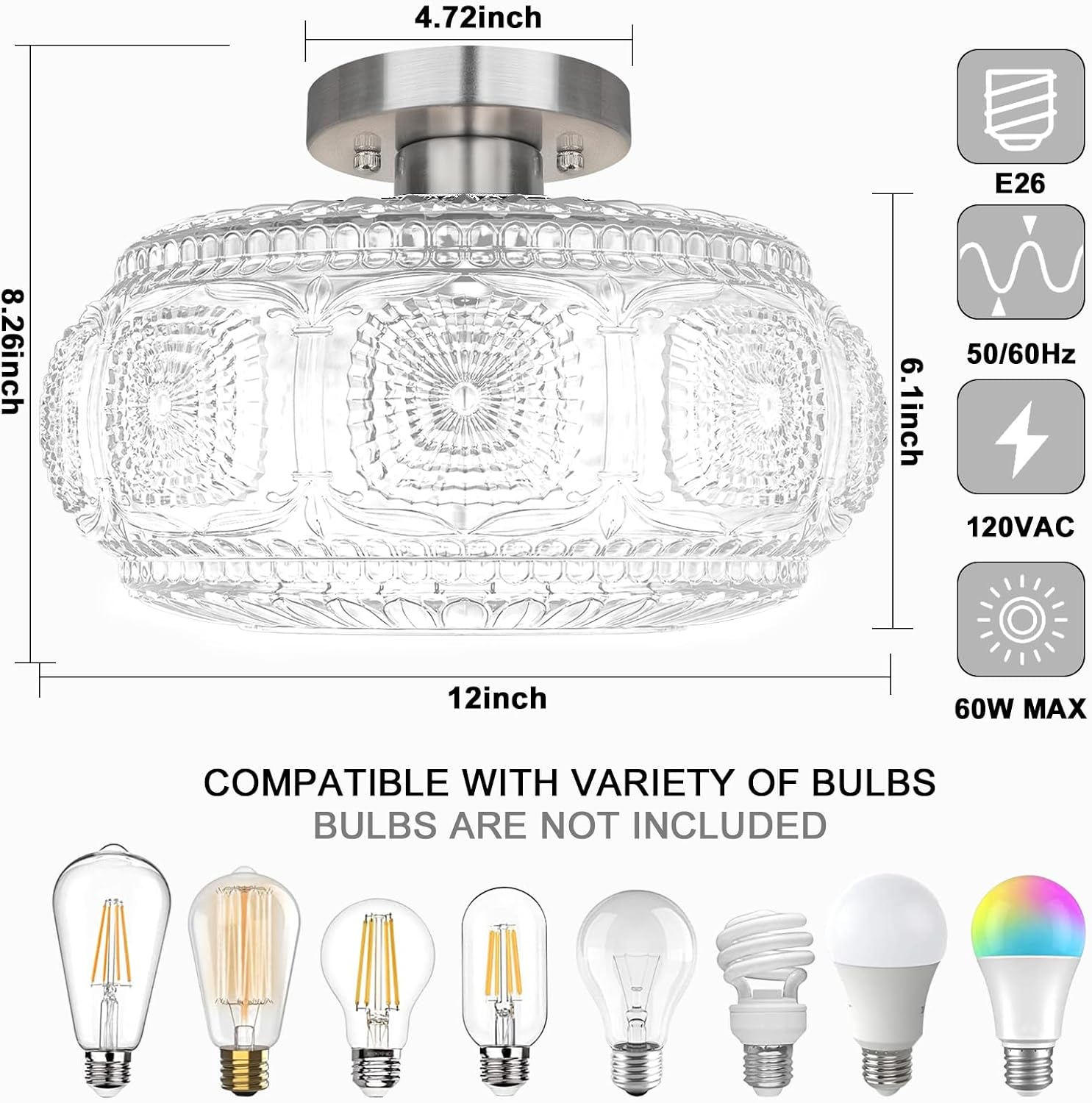 12 Inch Semi Flush Mount Ceiling Light Fixture, Brushed Nickel image 3
