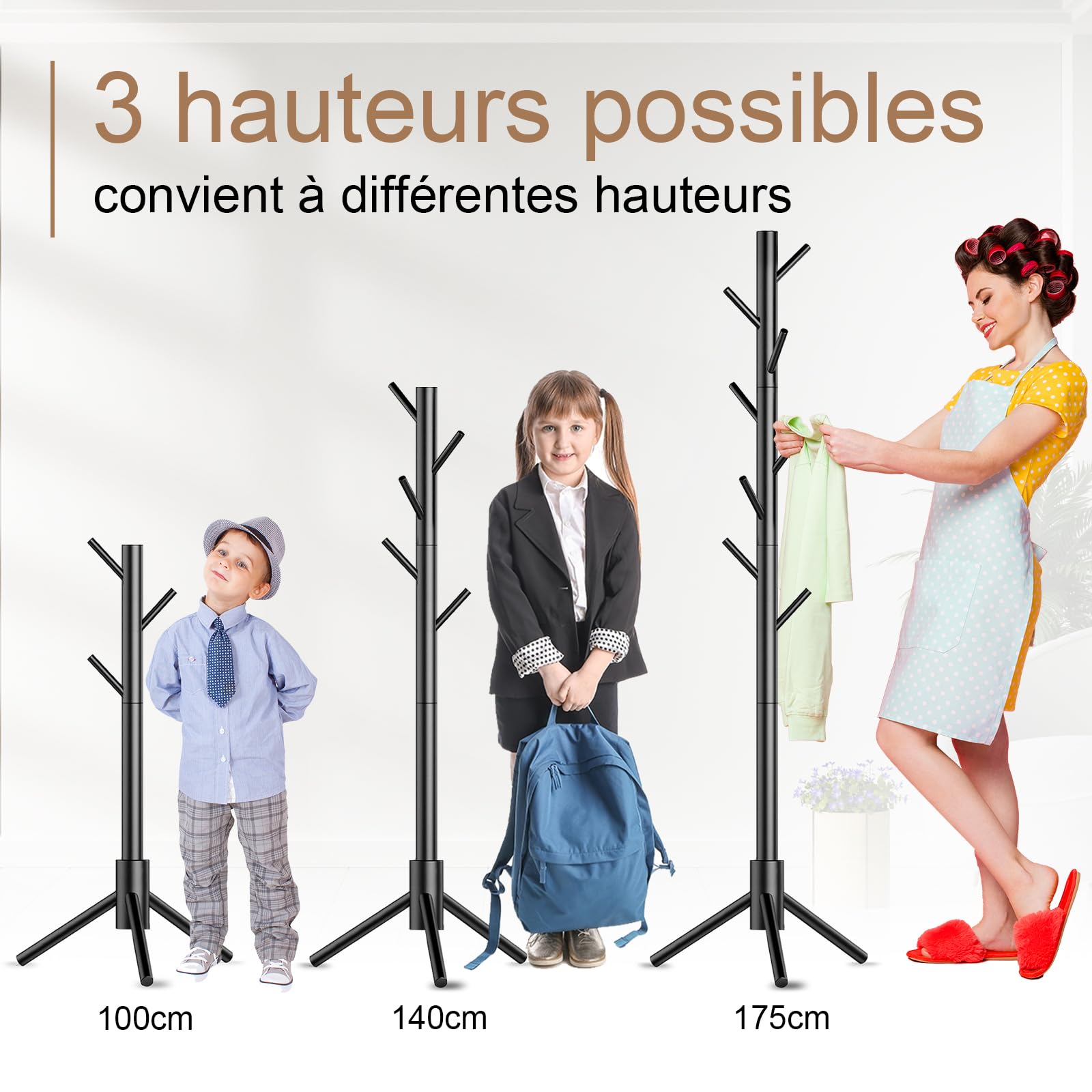 Kasunpul Porte-manteau en bois avec 8 crochets, 3 tailles réglables Porte-manteau en arbre pour la chambre, le couloir, le bureau, les vêtements, les chapeaux