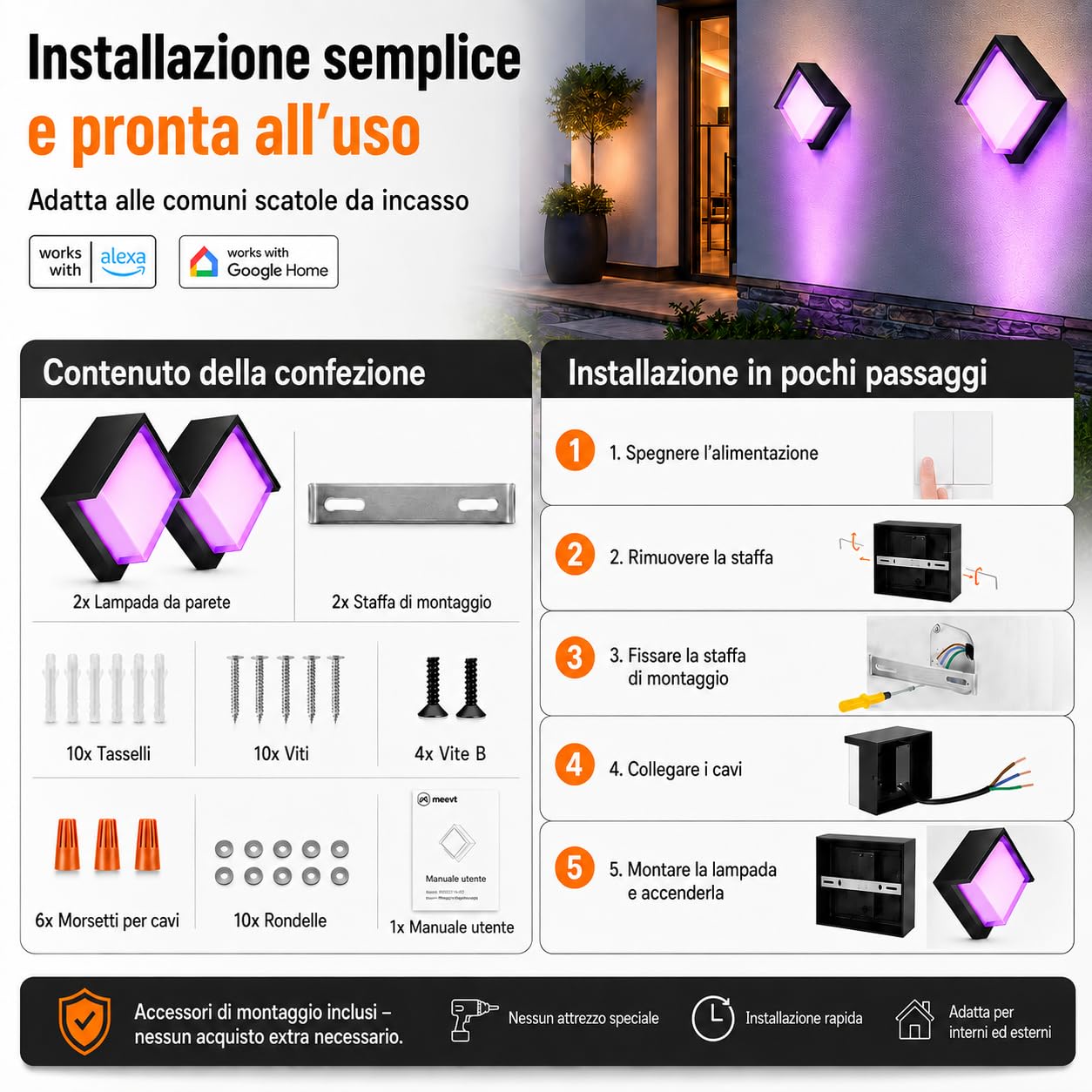 Meevt Smart Applique da Parete Esterno/Interno Quadrata, RGBCW IP65, 2 Pz | 1200LM LED, con Alexa e Google Assistant, Controllo App / Telecomando, Lampade da Esterno per Balconi Giardini Garage