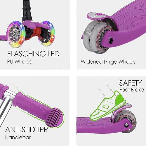 Miniatura 2 de Patinetas para niños de 3 ruedas para niños y niñas pequeñas, 4 alturas ajustables, inclinadas para conducir, cubierta extra ancha, ruedas