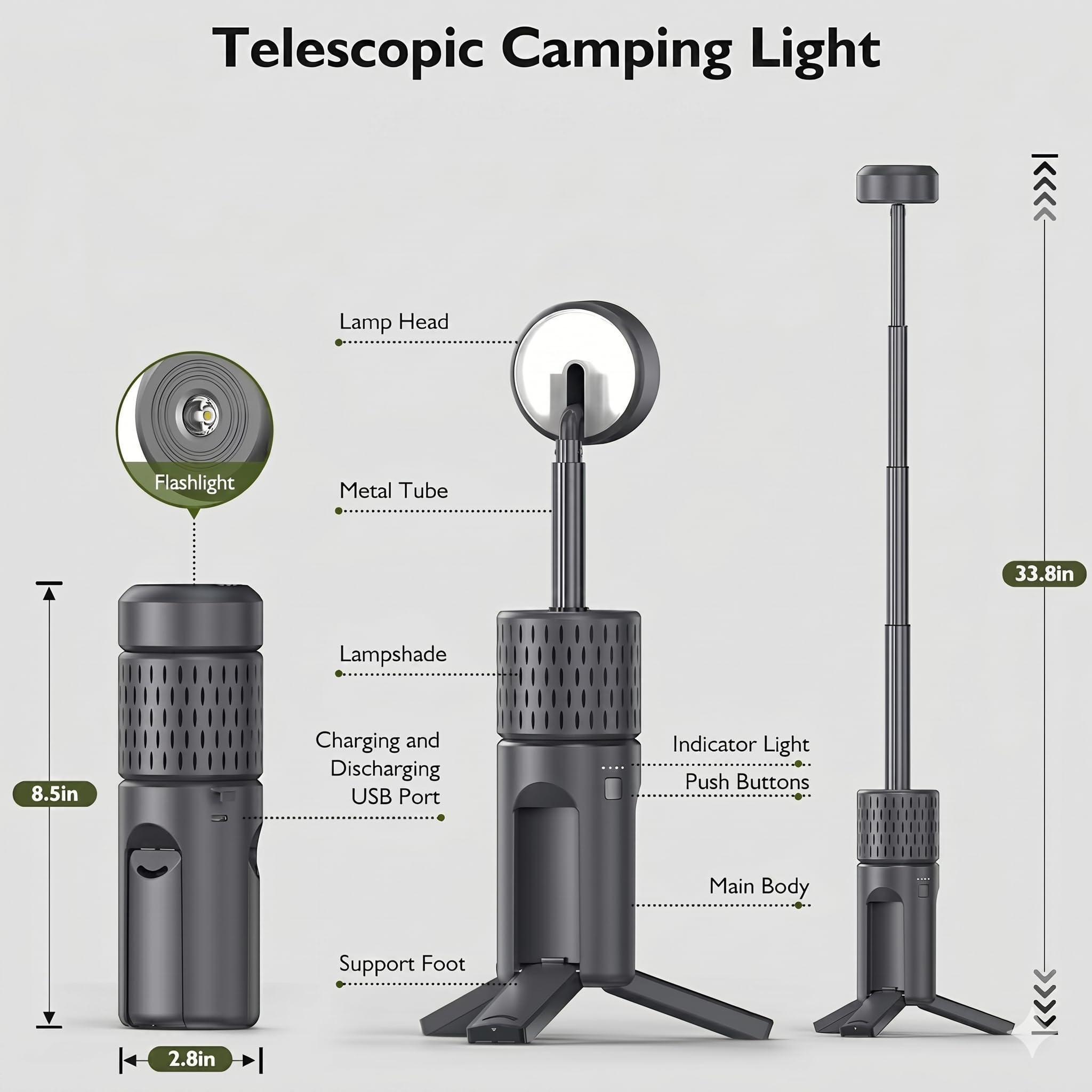 Teleskop-Camping-Leuchte, wiederaufladbare Camping-Laterne, tragbares Outdoor-Zeltlicht, Wandern, Notfall, Angeln, Camping-Essentials, IP54 wasserdicht (grau)