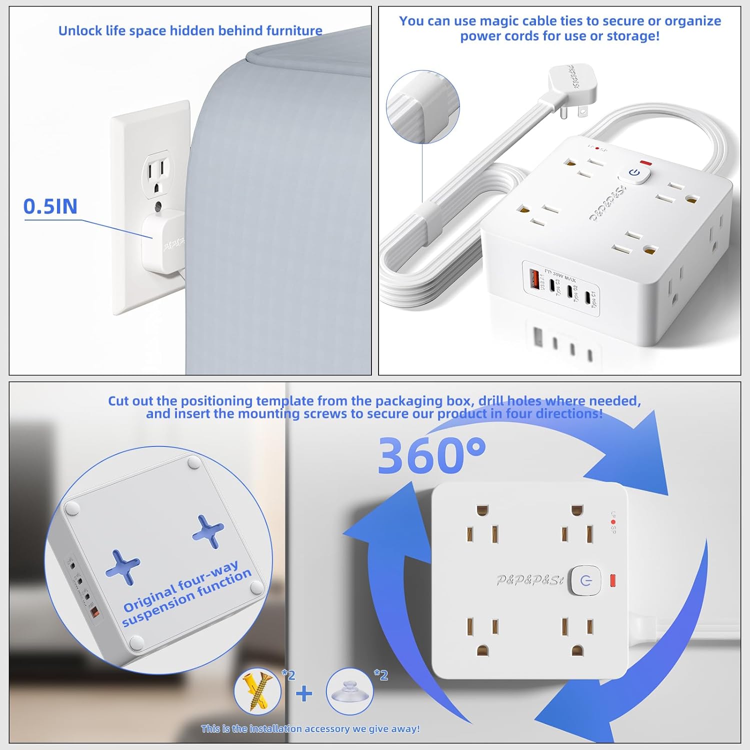P&P&P&St Surge Protector Power Strip with USB, Wall Mount Outlet Extender, 8 Outlets + 4USB Ports (1USB-A + 3USB-C/20W), 5 Ft Flat Plug Extension Cord, Overload & Lightning Protection, UL Certified,