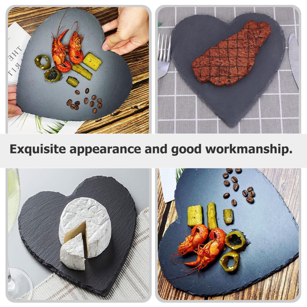 Set 3 Piatti da Dessert Piastra Multiuso per Conservazione Cibo in Ardesia Nero a Forma di Cuore per Casa