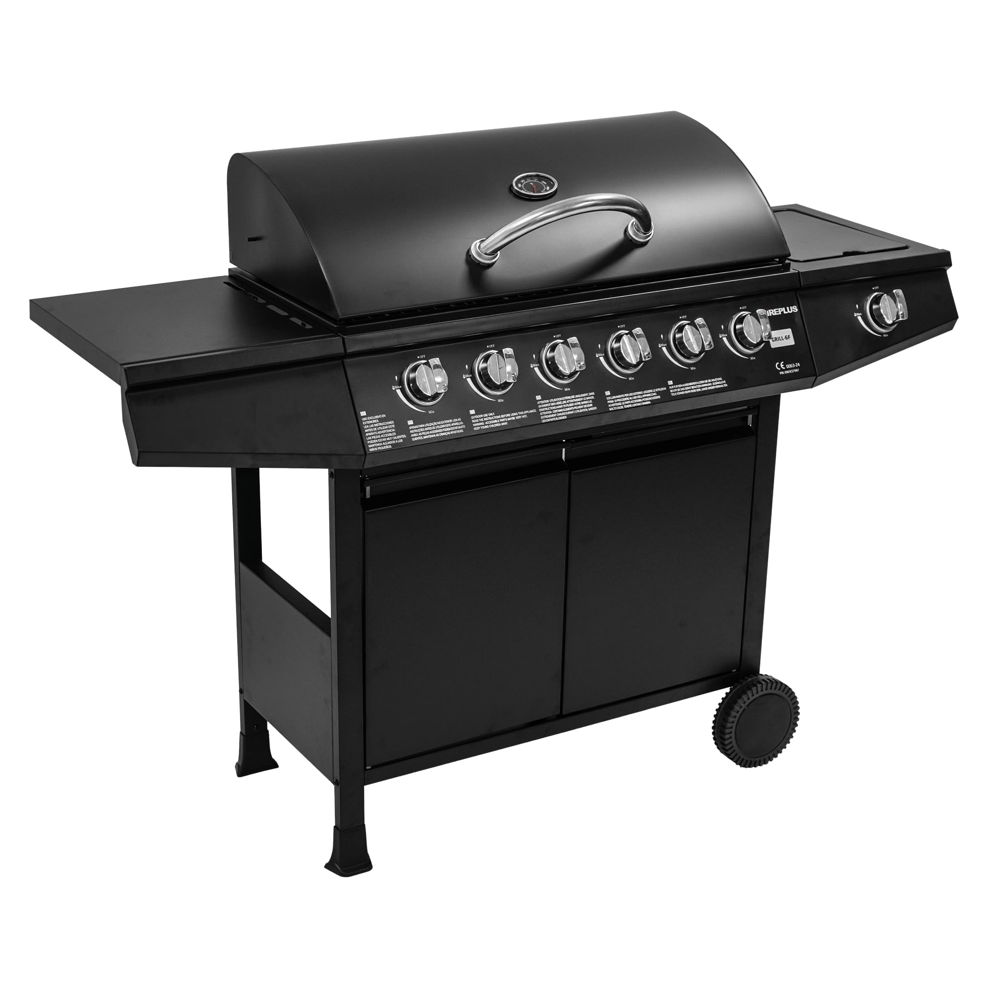 Amig - Barbacoa de gas Fireplus 6+1 de 12,9 kW - Acero inoxidable Negro - Parrilla con ruedas Modelo GRILL-6F - Barbacoa XXL con carro y termómetro - 138x52x103 cm - 7 quemadores y Bandeja lateral