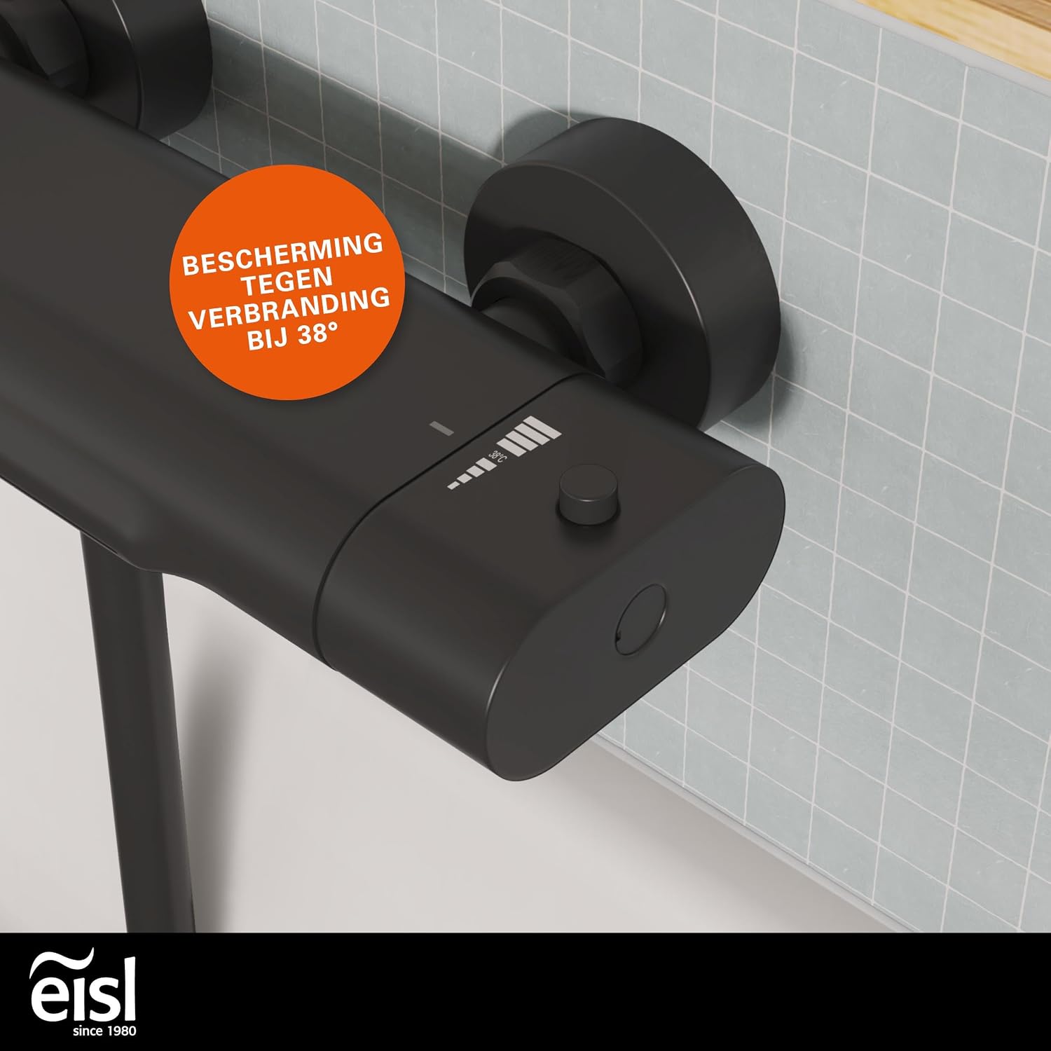 Close-up of the EISL CARNEO faucet showing the 38°C safety lock button.