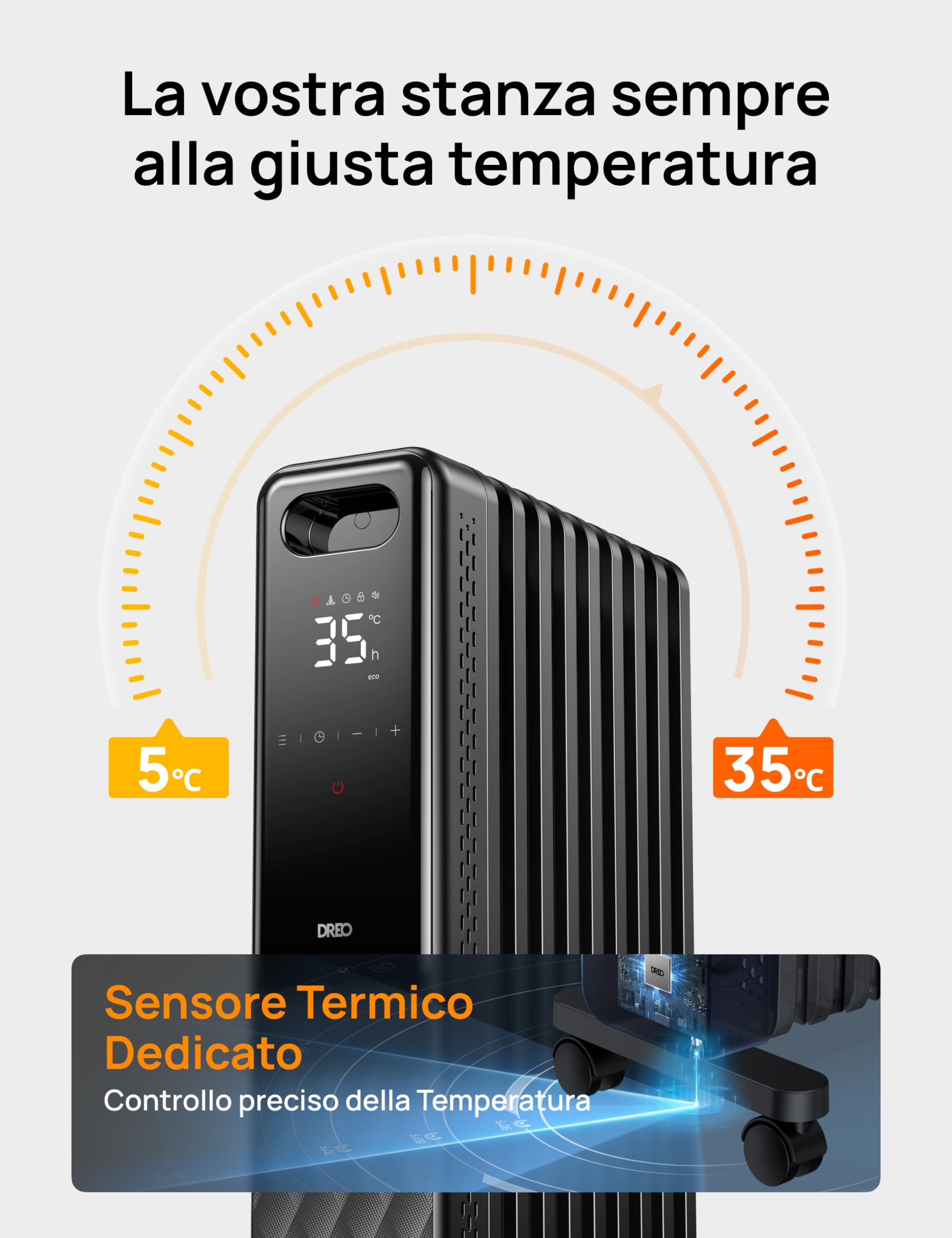 DREO Radiatore Elettrico Basso Consumo 2000W, Radiatore ad Olio 9 Elementi con Telecomando, 3 Livelli, 4 Modalità, Timer 24h, Protezione Surriscaldamento e Ribaltamento, Riscaldatore con Termostato
