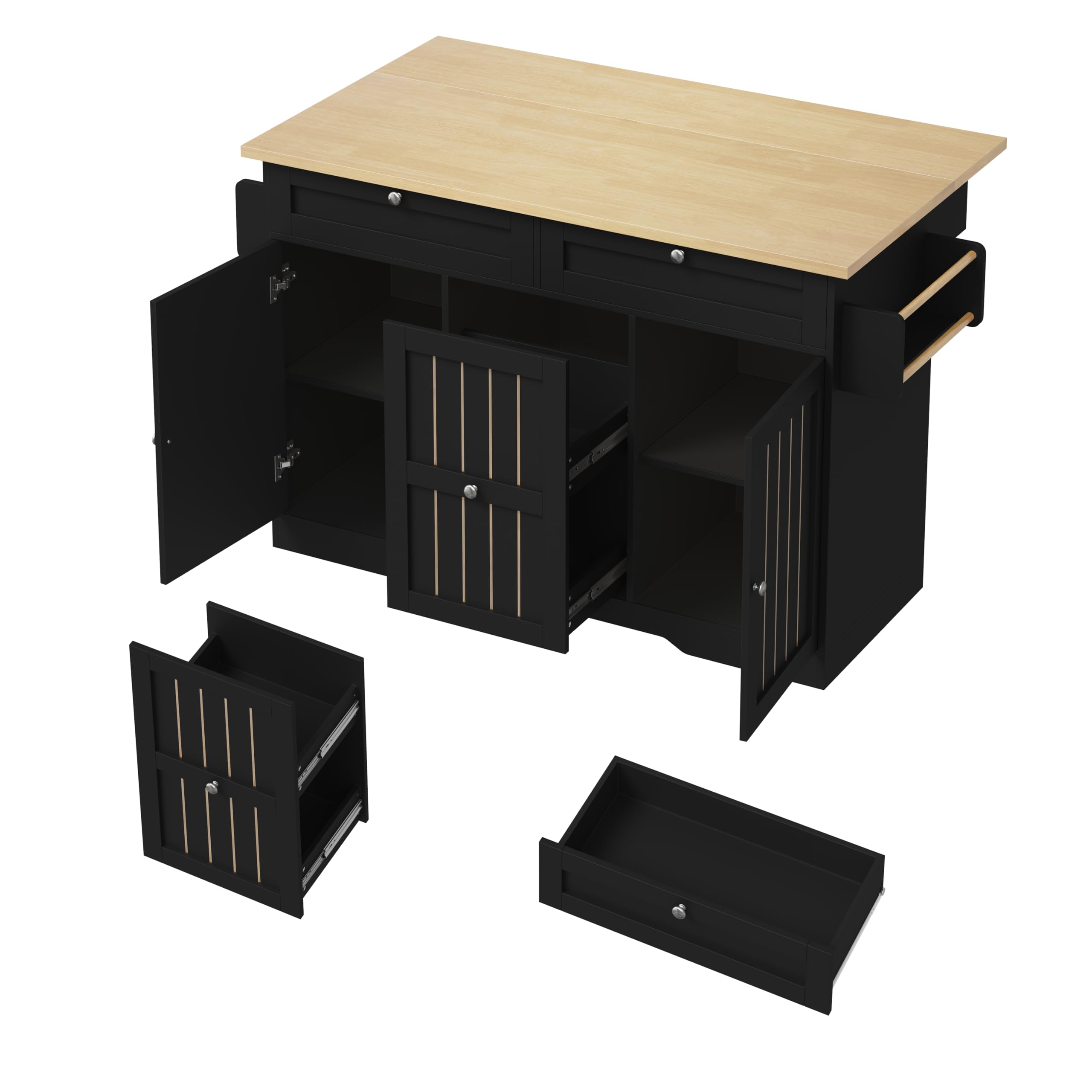 Isola da cucina mobile con piano di lavoro pieghevole, carrello da portata e armadietto, 137 x 70 x 92 cm, nero + naturale, cassetti verticali a 2 livelli, 2 cassetti grandi, ruote bloccabili