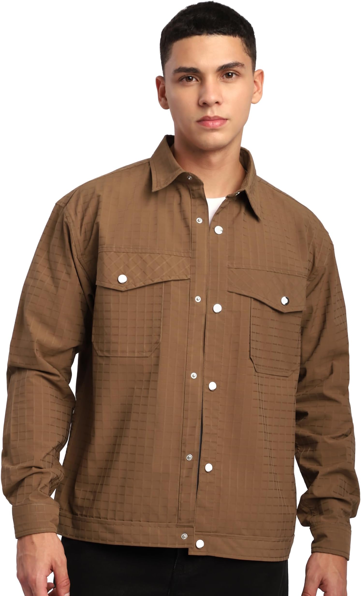 BEYOUNG Camel Brown Block Textured Shacket for Men