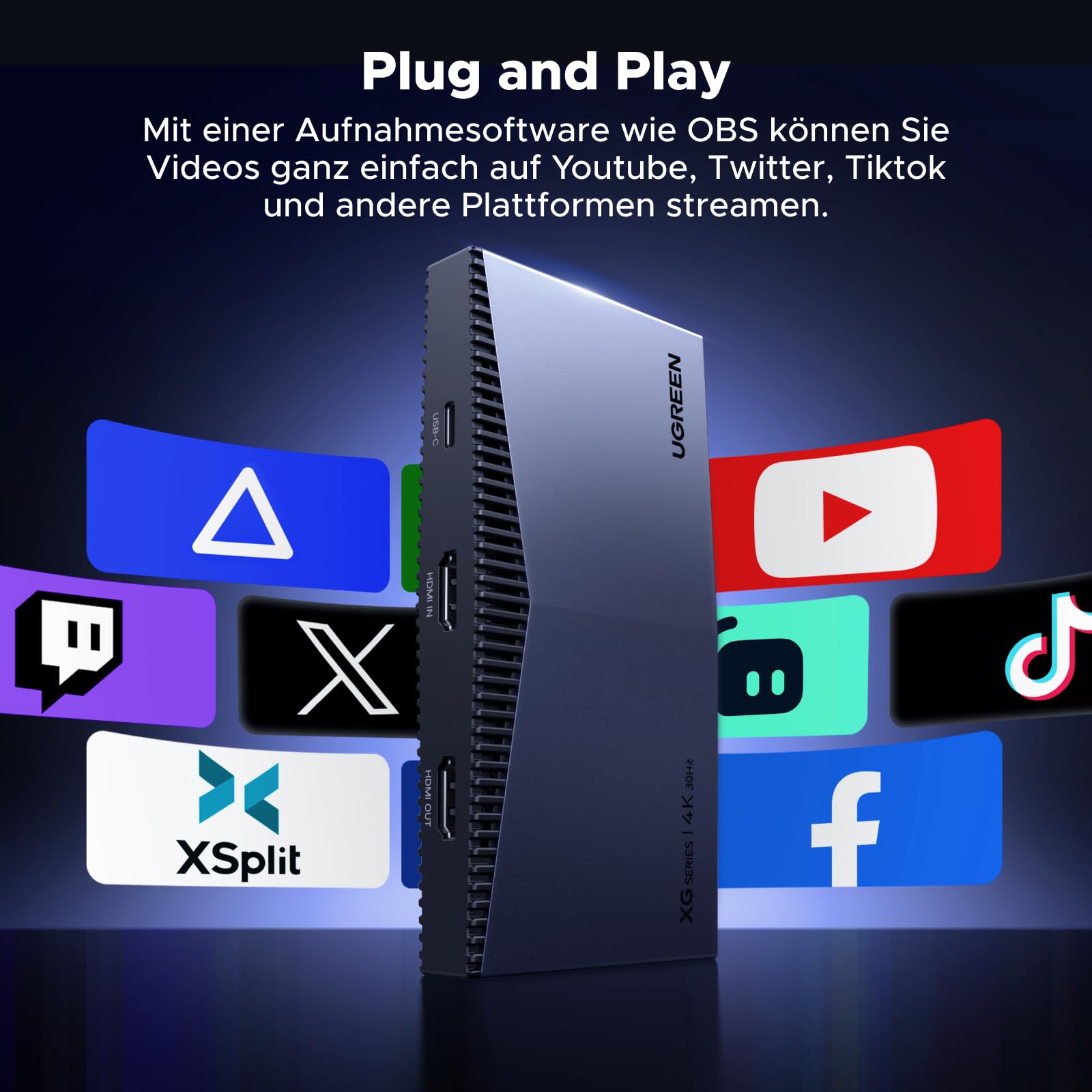 UGREEN 4K Capture Card, HDMI Capture Card 4K60Hz HDR Loop-Out und 4K30Hz Capture mit ultraniedriger Latenz, kompatibel mit PS5/Pro, PS4/Pro, Xbox Series X/S, Xbox One X/S, Switch, Switch 2