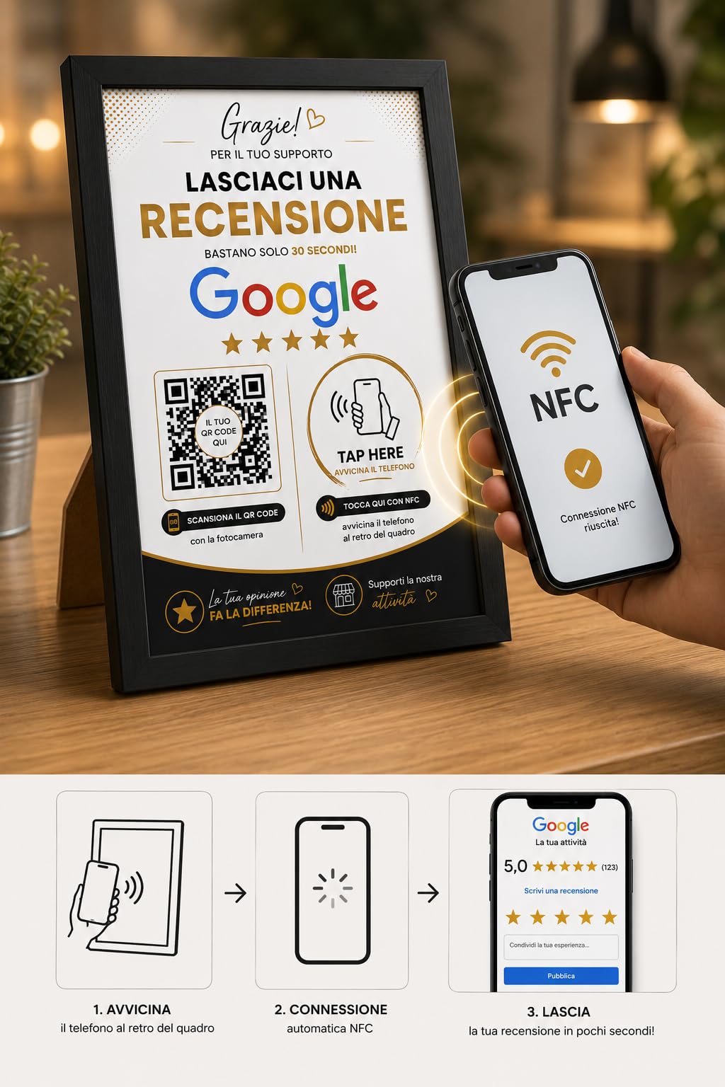 Targa Recensioni Google NFC + QR Code Personalizzata con Cornice 13x18cm | Google Review Stand per Bar Ristoranti Pizzerie Hotel Negozi | Accesso Diretto alle Recensioni