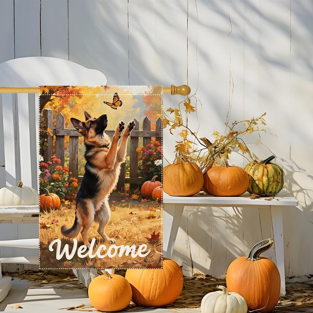 Welcome Fall Garden Flag German shepherd Garden Flags 28X40 Inch Double Sided Vertical Small Pumpkin Villa Outside Patio Burlap Decor Rustic Farmhouse Home Yard Lawn Thanksgiving Decoration image 2