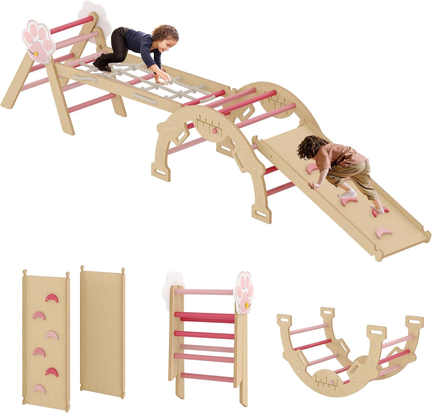 Toddler Climbing Triangle Set 4 in 1 Wooden Climbing Toys Indoor, Kids Jungle Gym with Ramp and Arch, Developmental Play Structure for Toddlers 1-3, Color Finish