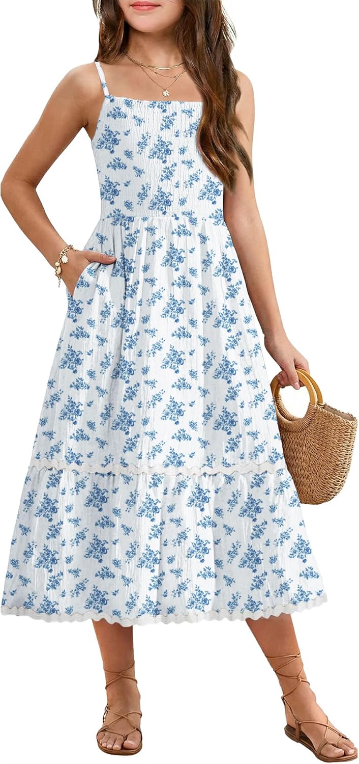 Arshiner Girls Summer Spaghetti Strap Dresses Flowy Tiered Cami Maxi Sundress with Pockets