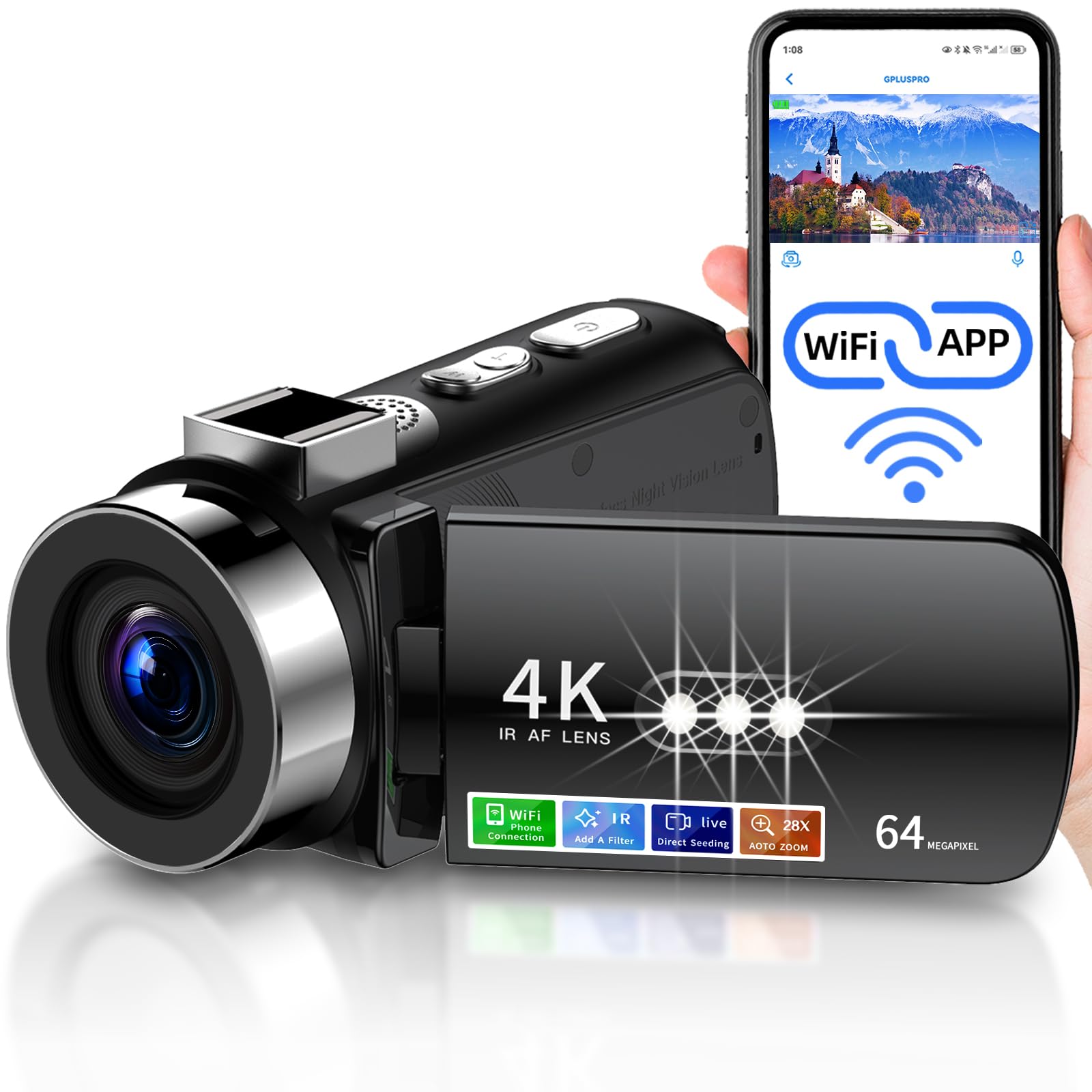 4K Video Camera Camcorder Ultra HD 64MP Vlogging
